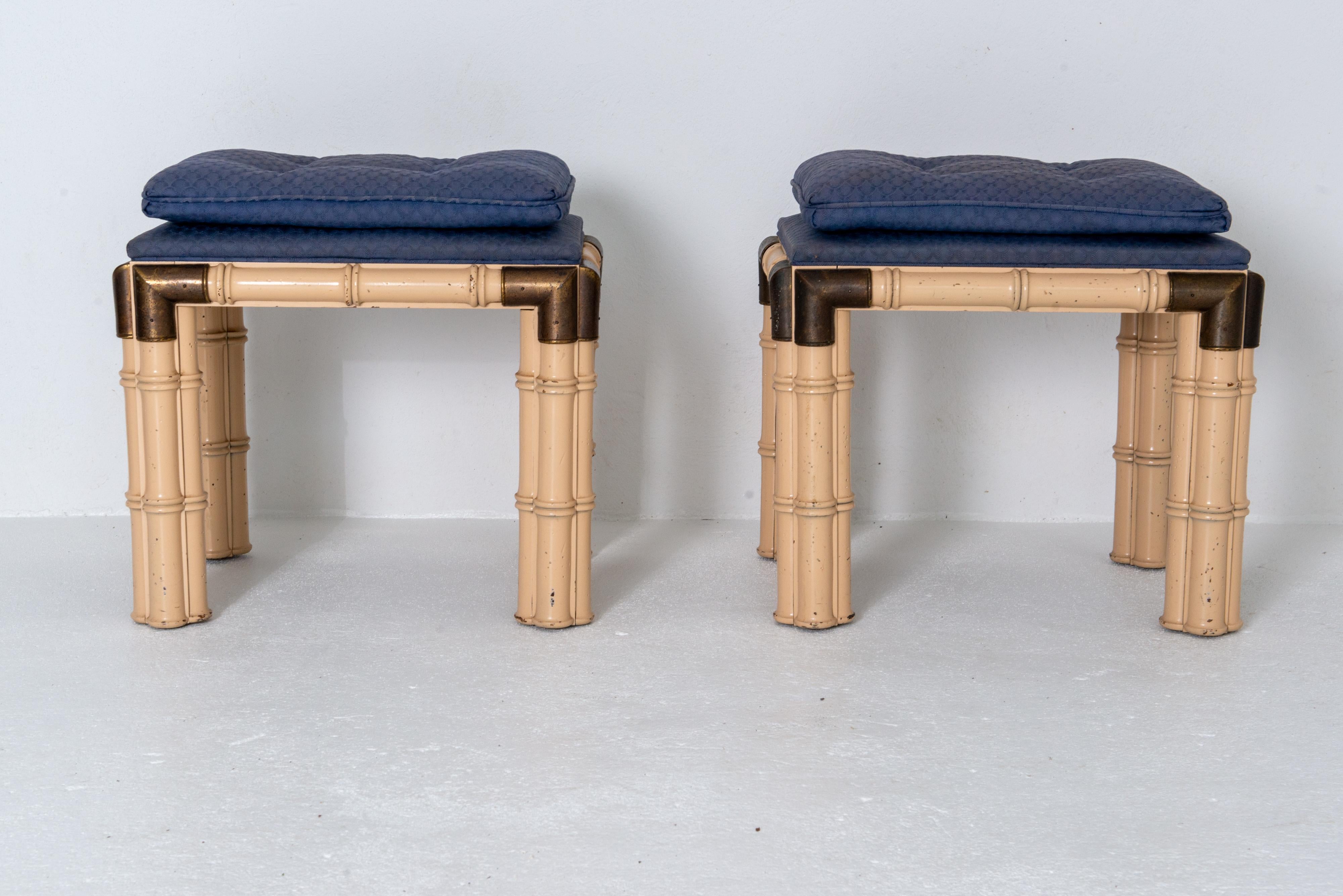 Mid-Century Modern Pair of Billy Baldwin Faux Bamboo and Brass Rectangular Upholstered. Benches For Sale