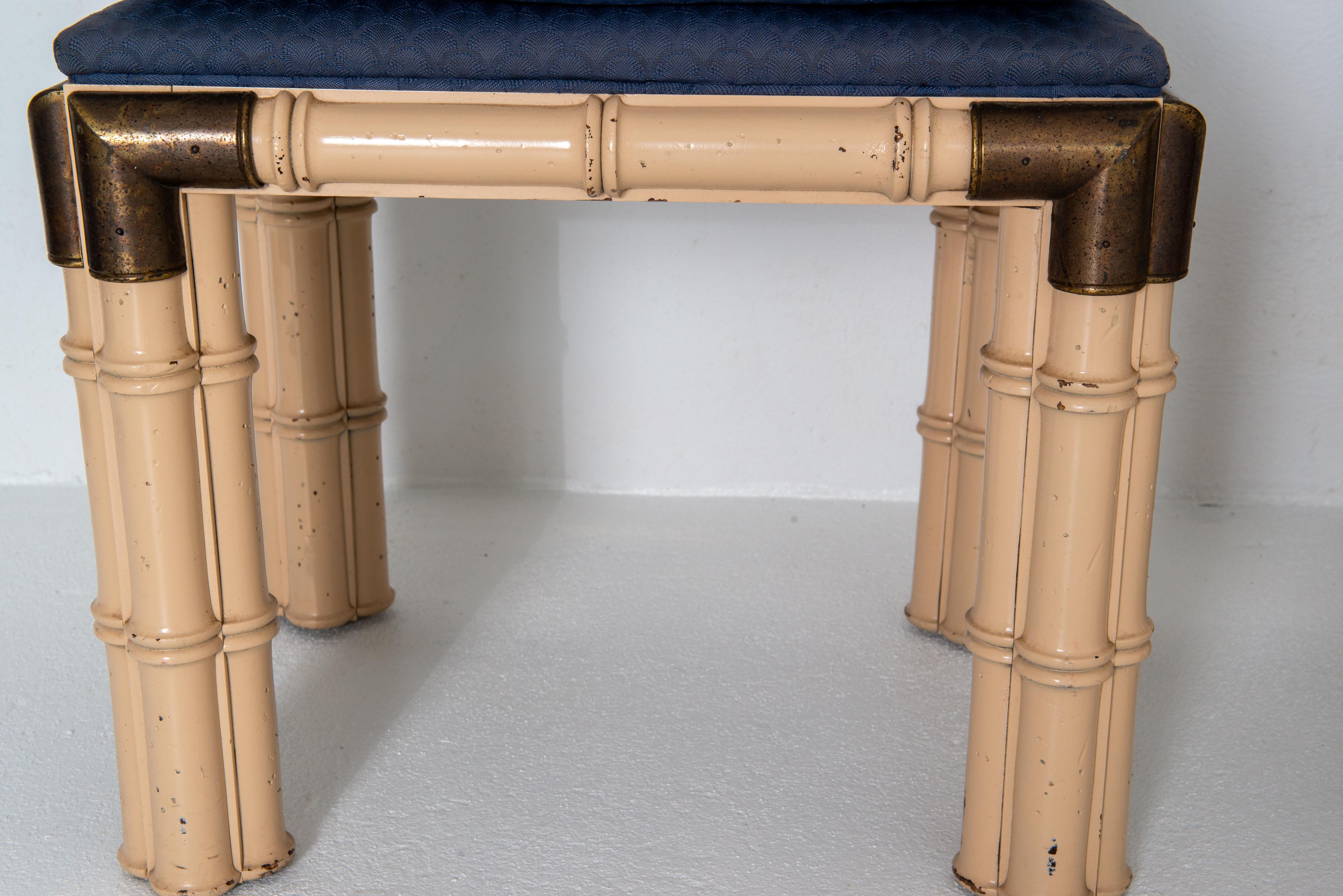 American Pair of Billy Baldwin Faux Bamboo and Brass Rectangular Upholstered. Benches For Sale