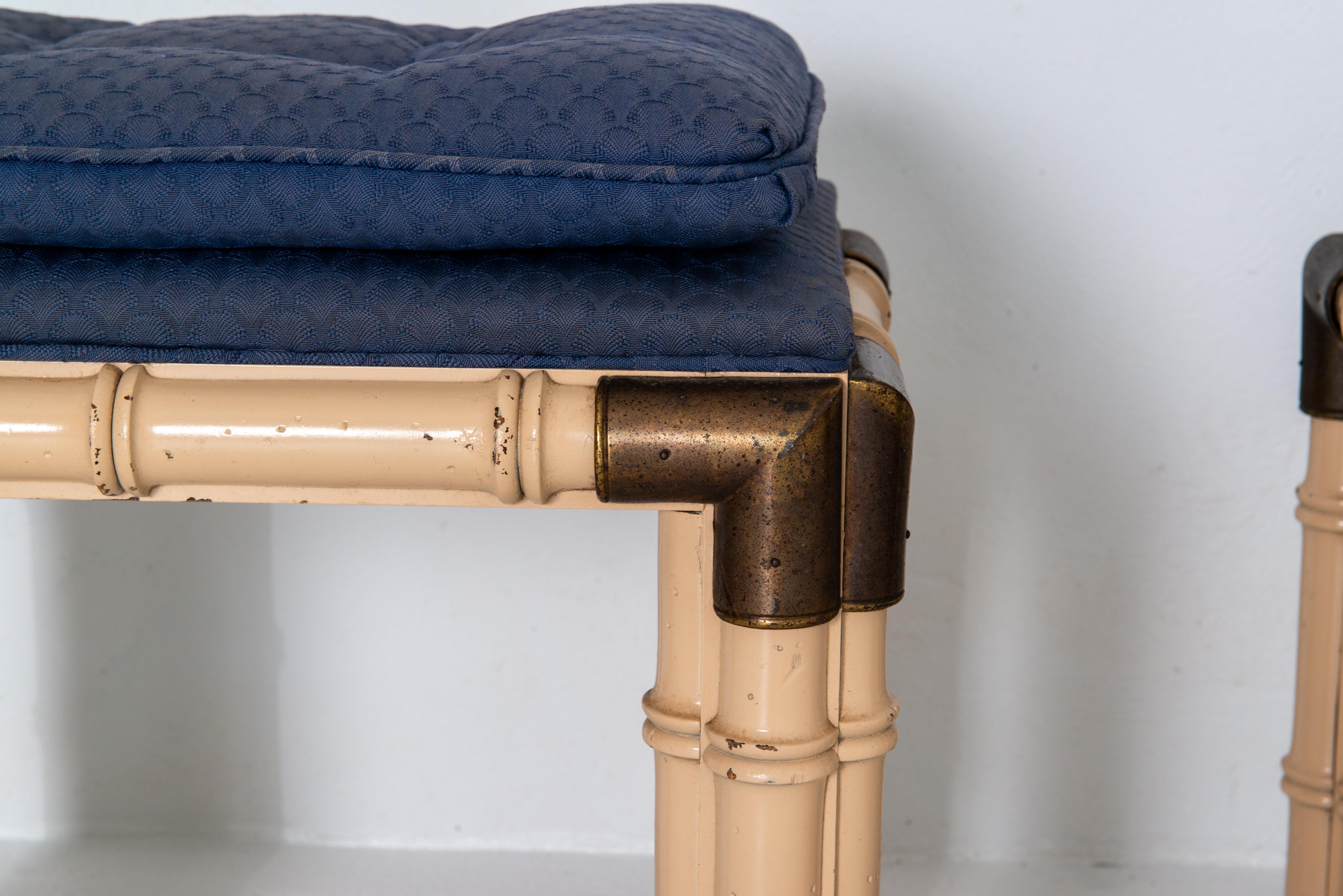 Pair of Billy Baldwin Faux Bamboo and Brass Rectangular Upholstered. Benches In Good Condition For Sale In Stamford, CT