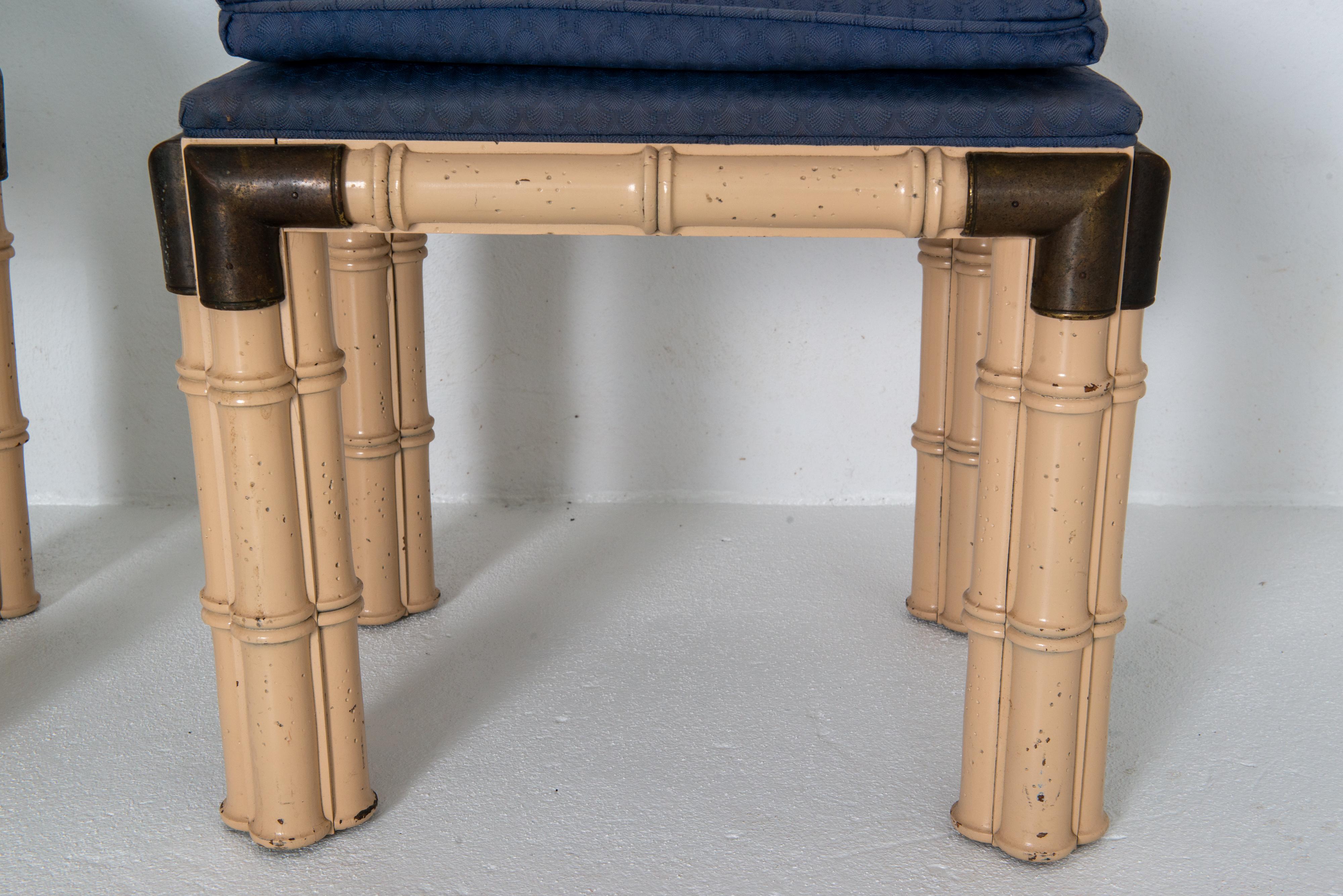 Mid-20th Century Pair of Billy Baldwin Faux Bamboo and Brass Rectangular Upholstered. Benches For Sale