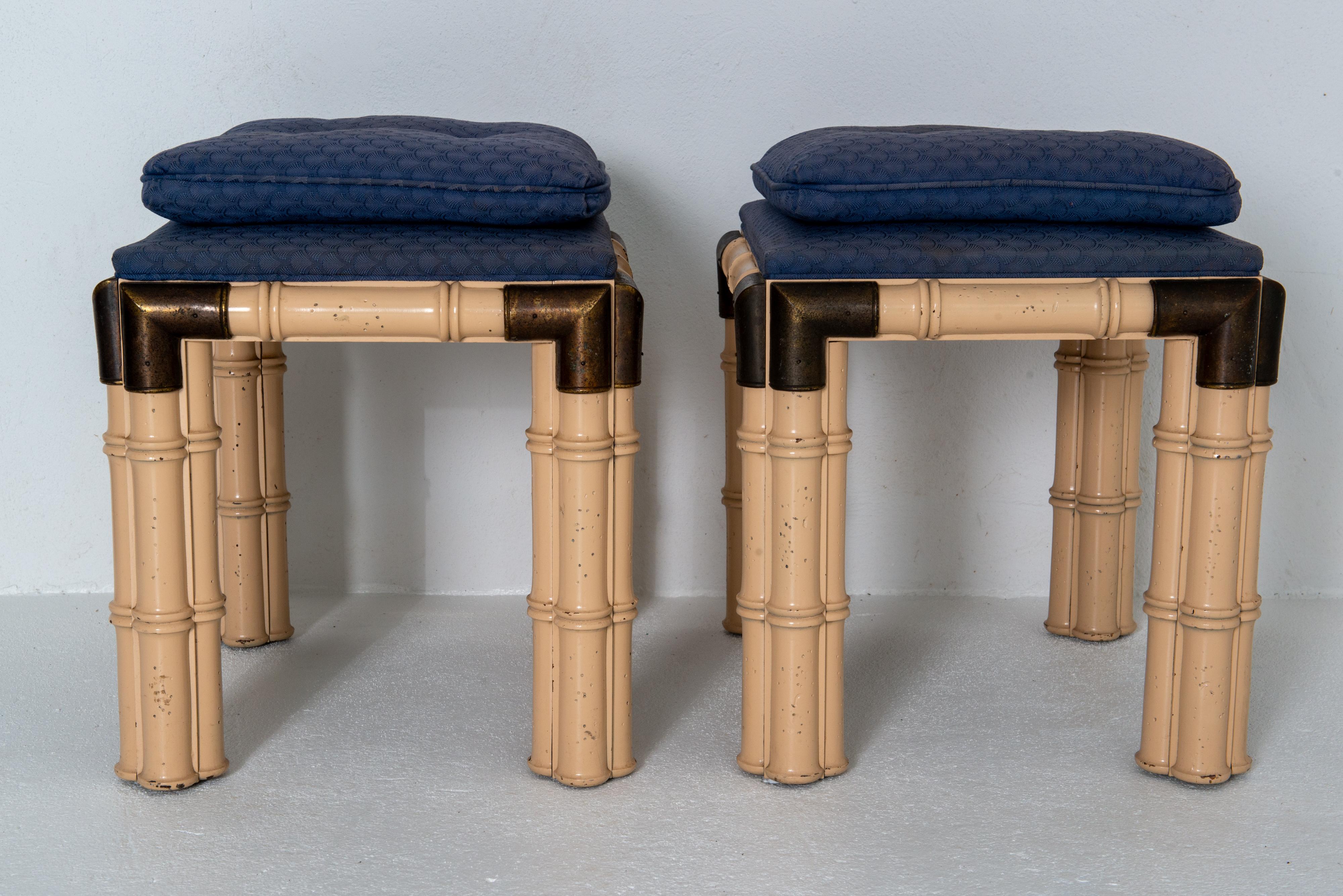 Pair of Billy Baldwin Faux Bamboo and Brass Rectangular Upholstered. Benches For Sale 3