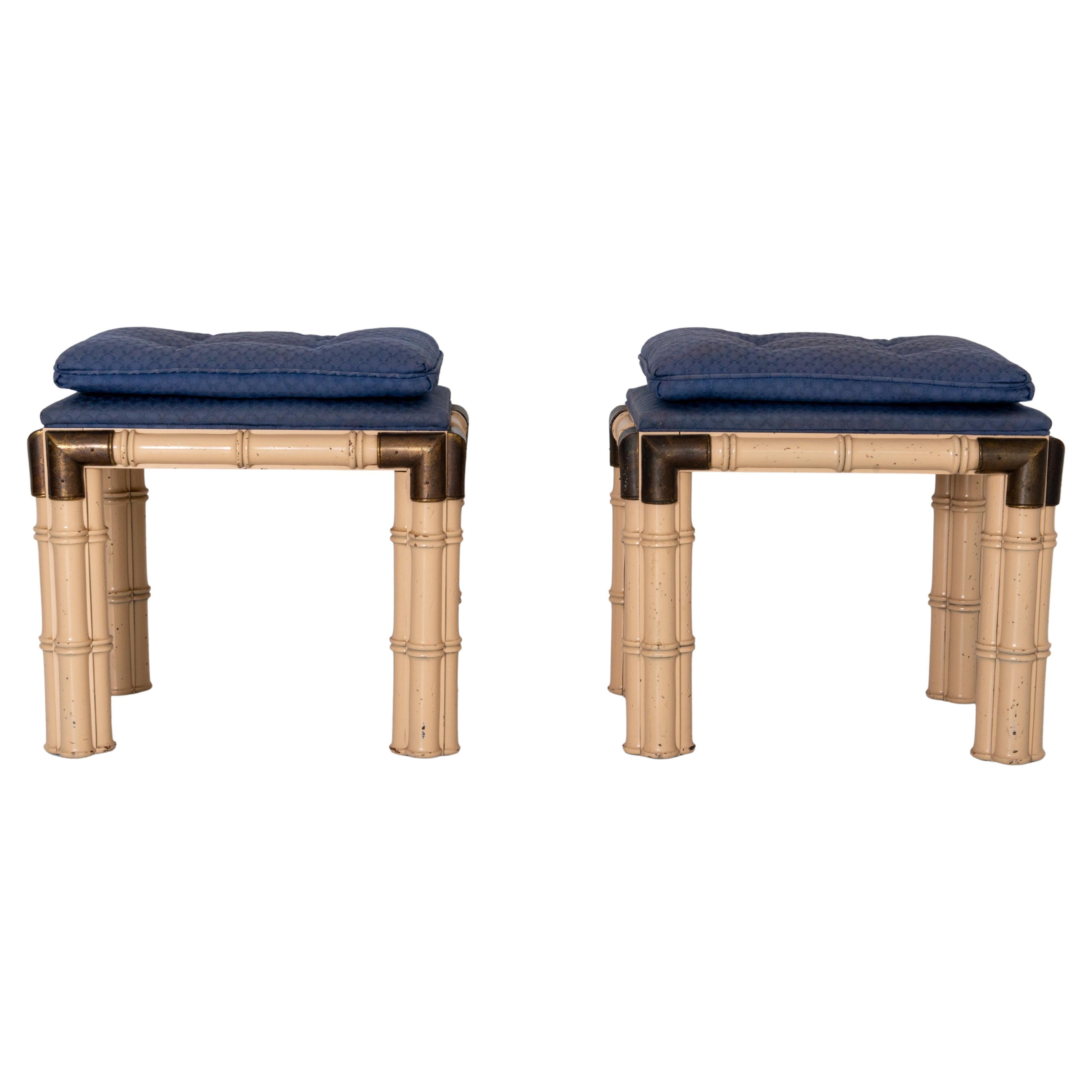 Pair of Billy Baldwin Faux Bamboo and Brass Rectangular Upholstered. Benches For Sale