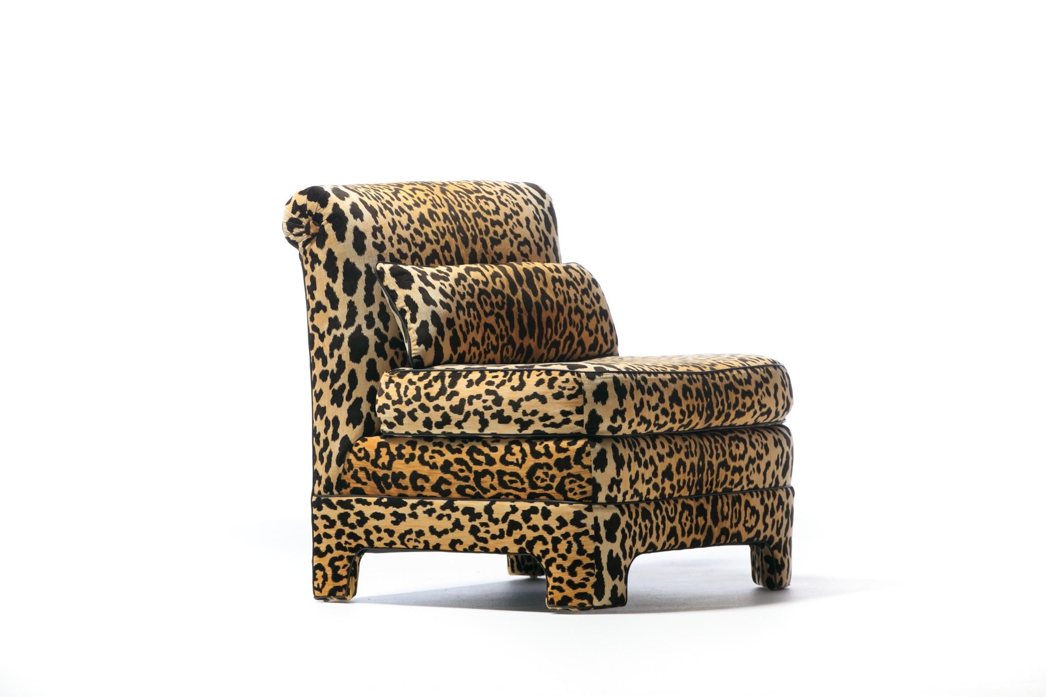 Upholstery Pair of Billy Baldwin Regency Style Leopard Velvet Slipper Chairs, c. 1970s
