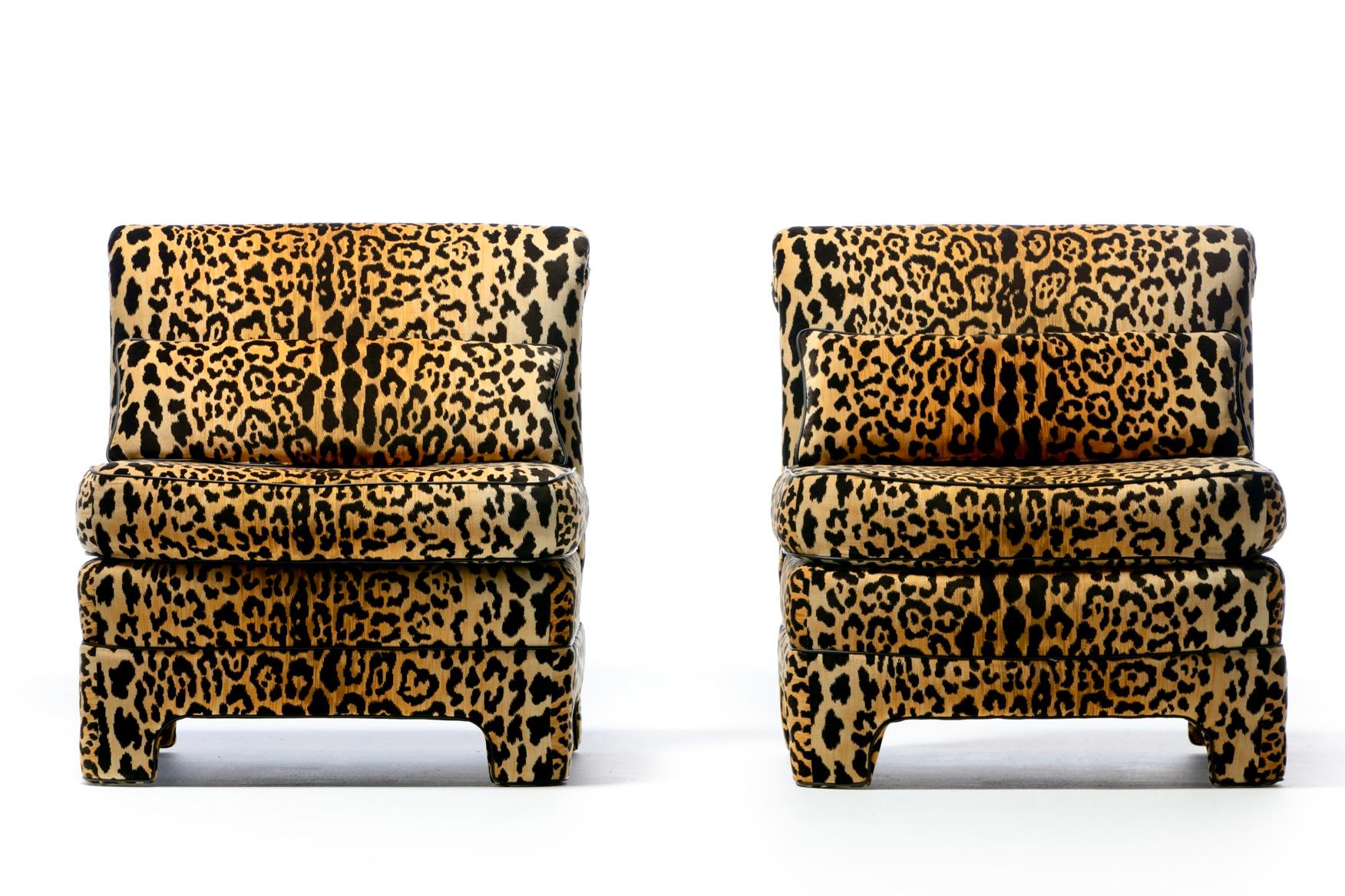 Hollywood Regency Pair of Billy Baldwin Regency Style Leopard Velvet Slipper Chairs, c. 1970s