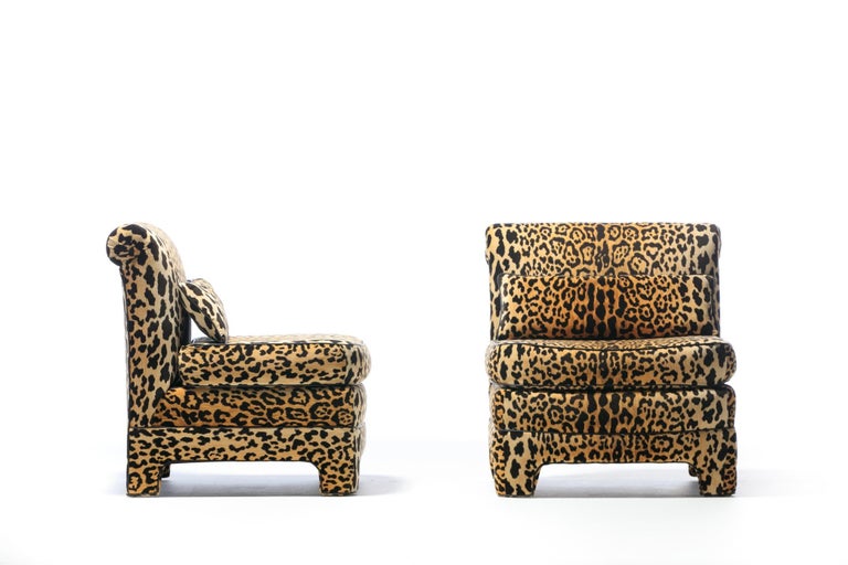 Late 20th Century Pair of Billy Baldwin Regency Style Leopard Velvet Slipper Chairs, c. 1970s For Sale
