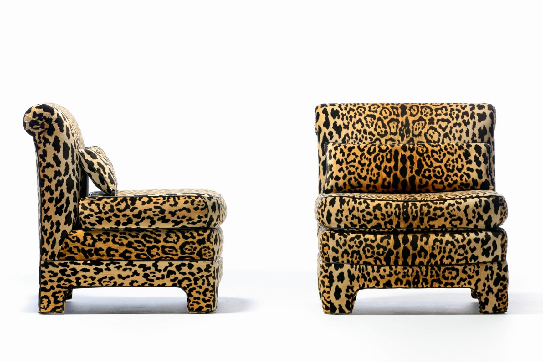 Late 20th Century Pair of Billy Baldwin Regency Style Leopard Velvet Slipper Chairs, c. 1970s