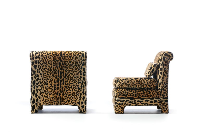 Upholstery Pair of Billy Baldwin Regency Style Leopard Velvet Slipper Chairs, c. 1970s For Sale