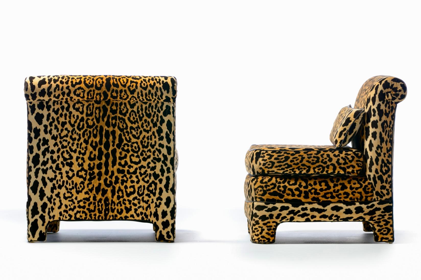 Upholstery Pair of Billy Baldwin Regency Style Leopard Velvet Slipper Chairs, c. 1970s