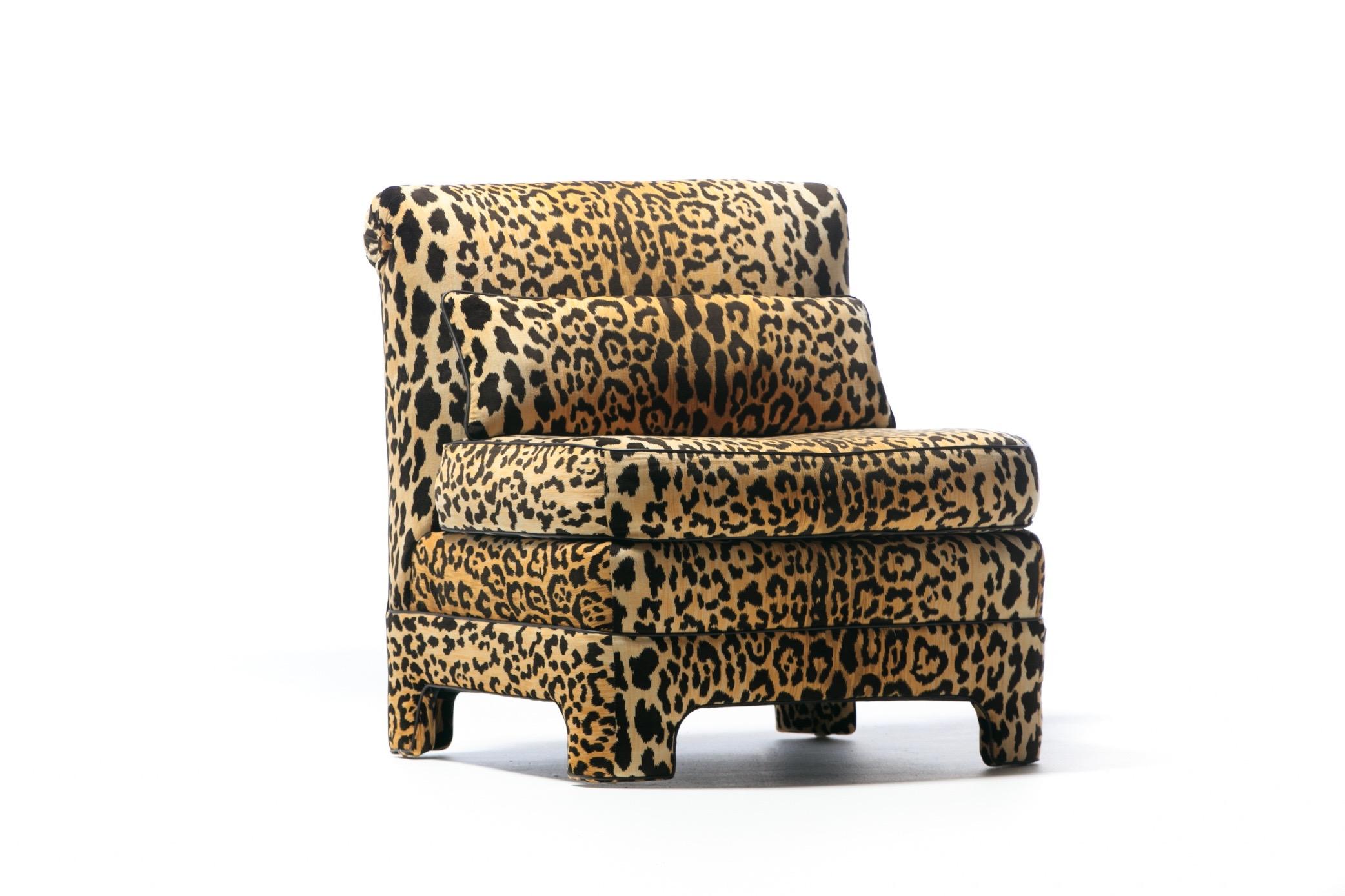 Late 20th Century Pair of Billy Baldwin Regency Style Leopard Velvet Slipper Chairs, c. 1970s