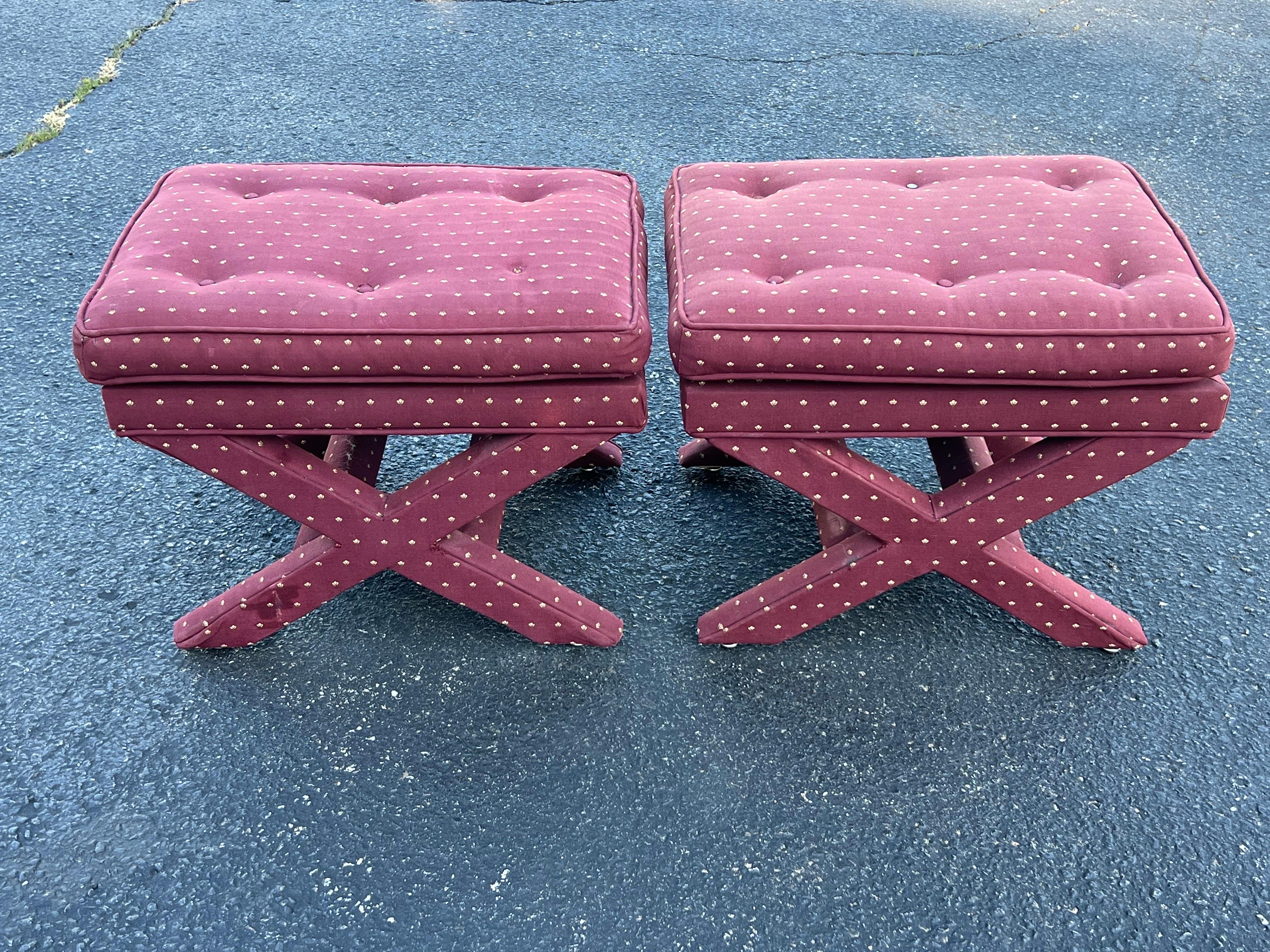 Pair of Billy Baldwin Stools or Ottomans. Perfect for under a console in an entryway. Or at the foot of a bed. Circa 1980's.  These do need a recover . See photos. 