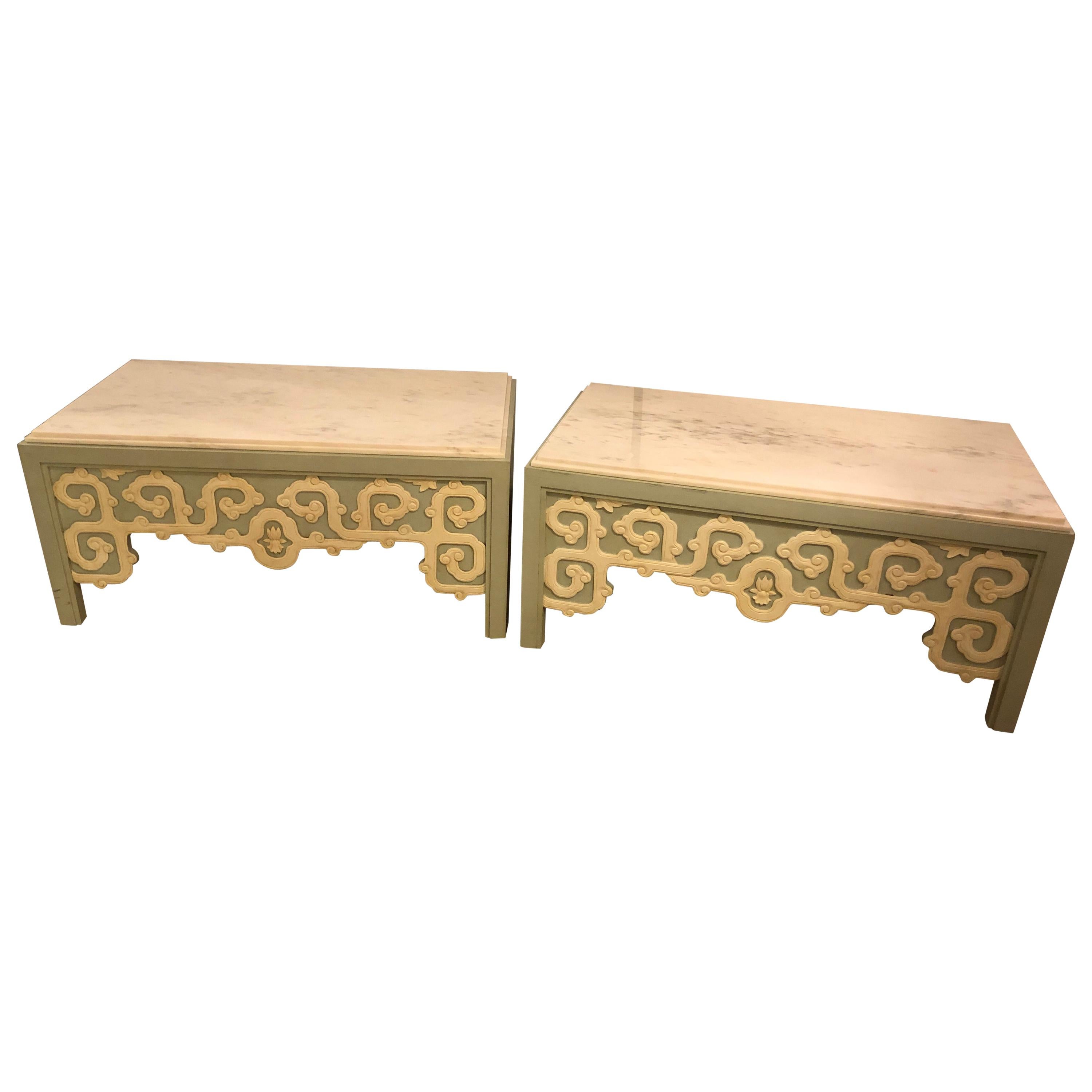 Pair of Billy Baldwin Style Coffee Tables in Hollywood Regency Style with Marble