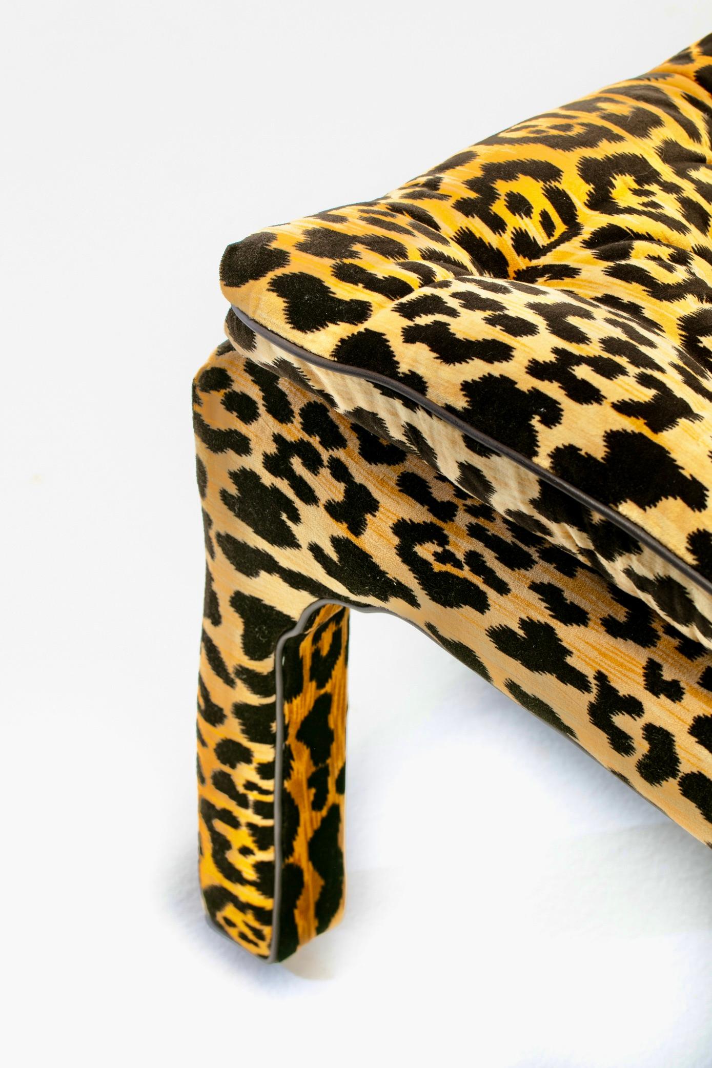 Hollywood Regency Pair of Billy Baldwin Style Leopard Velvet Stools with Leather Piping c. 1970s For Sale