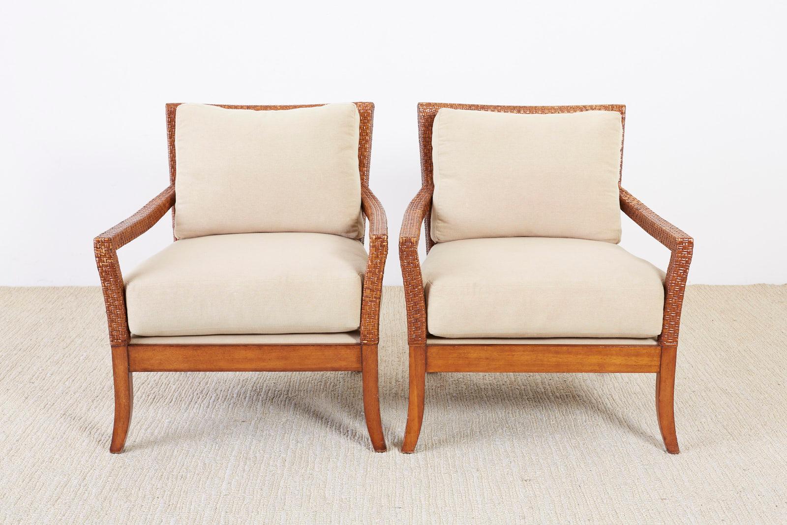 Hollywood Regency Pair of Billy Baldwin Style Rattan Wrapped Lounge Chairs