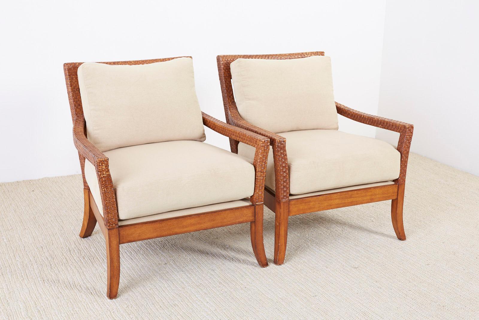 Hand-Crafted Pair of Billy Baldwin Style Rattan Wrapped Lounge Chairs