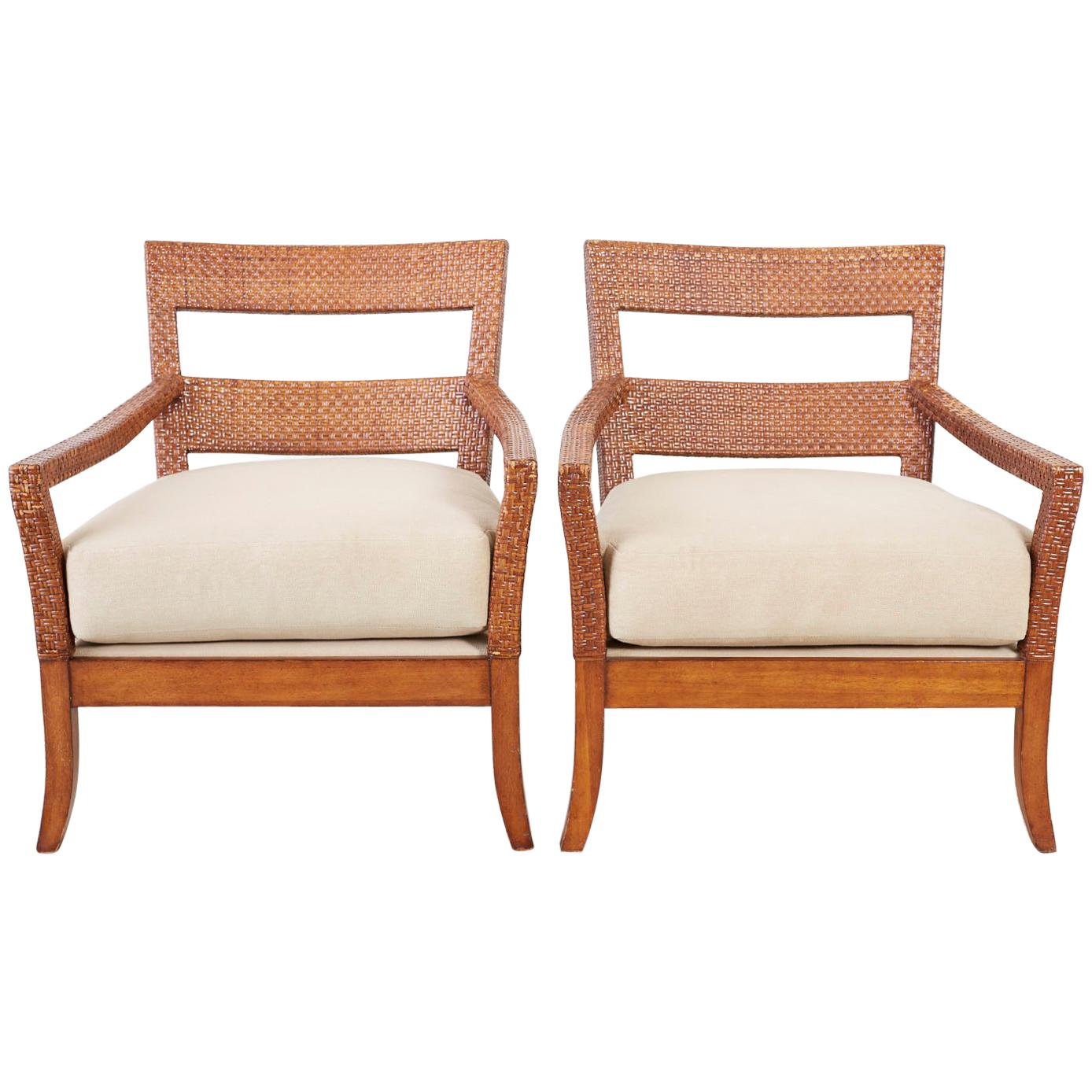 Pair of Billy Baldwin Style Rattan Wrapped Lounge Chairs