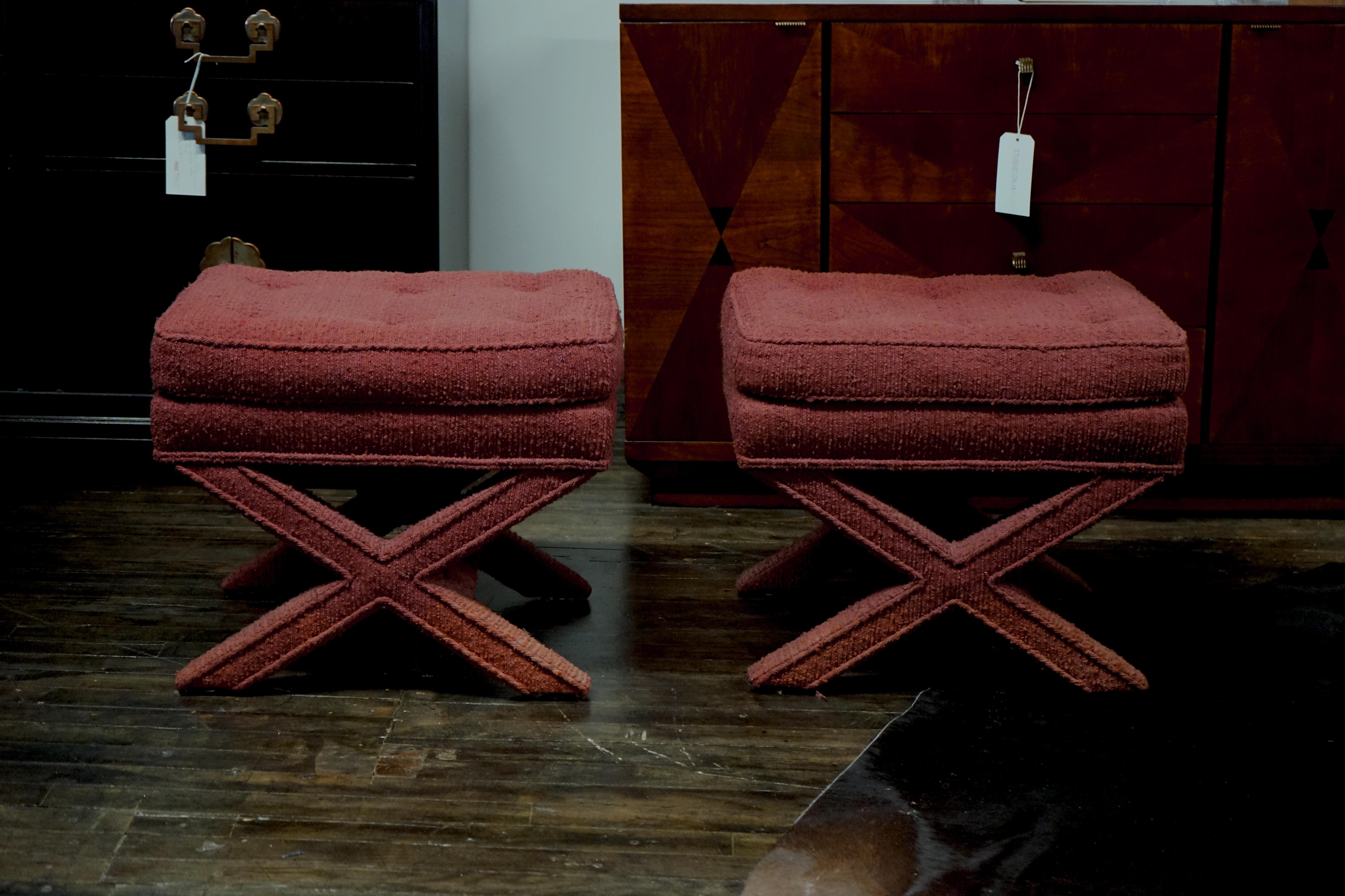Lovely pair of Mid-Century X-Base Stools attributed to Billy Baldwin.  These stools came out of a time capsule mid-century modern designed estate in the Chicago area.  The original owner's Interior Designer purchased all of the furniture at the
