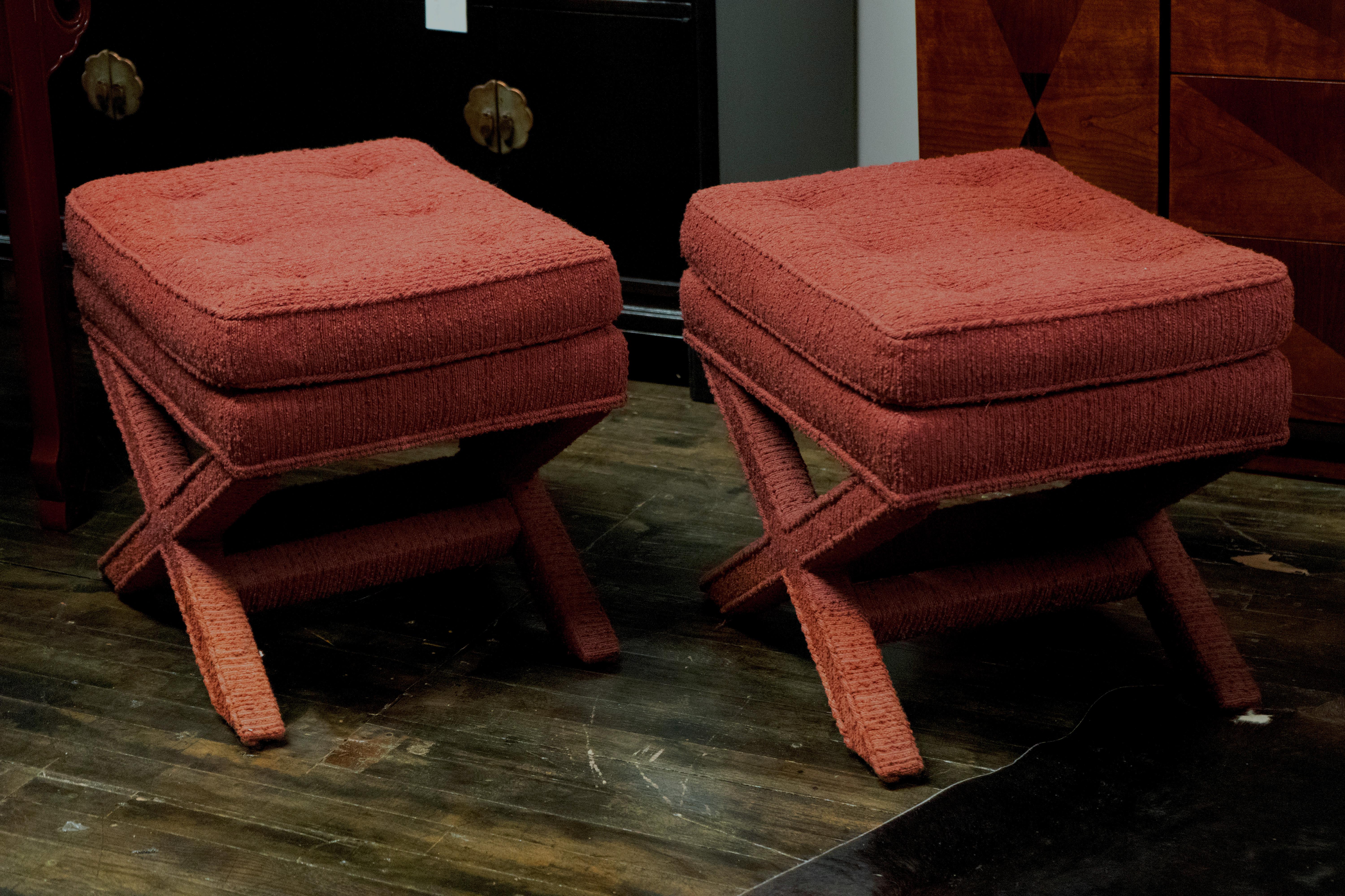 Mid-Century Modern Pair of Billy Baldwin Style X-Base Stools with Oxblood Upholstery For Sale