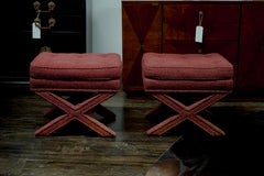 Pair of Billy Baldwin Style X-Base Stools with Oxblood Upholstery