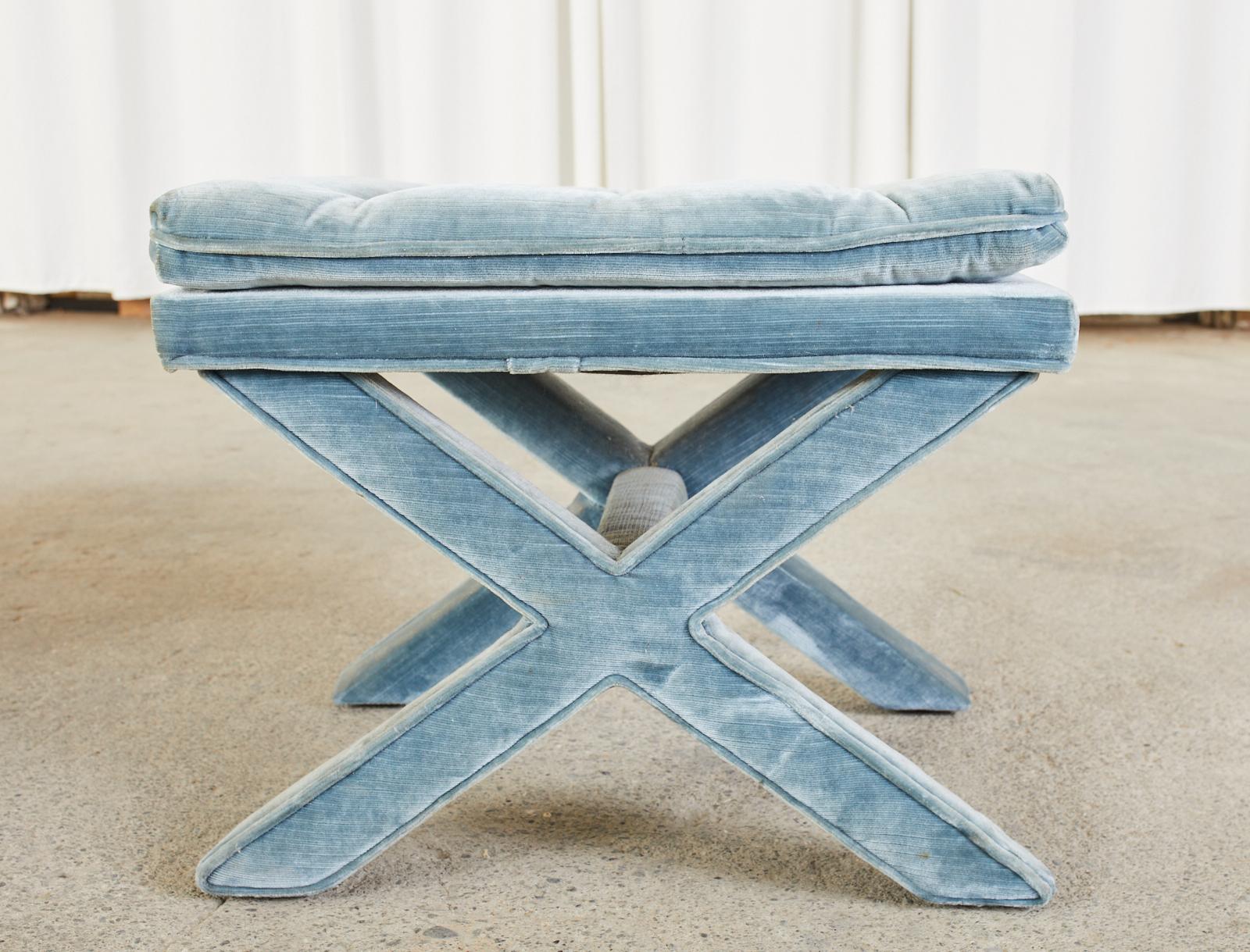 Pair of Billy Baldwin Style X Base Tufted Blue Velvet Benches 4