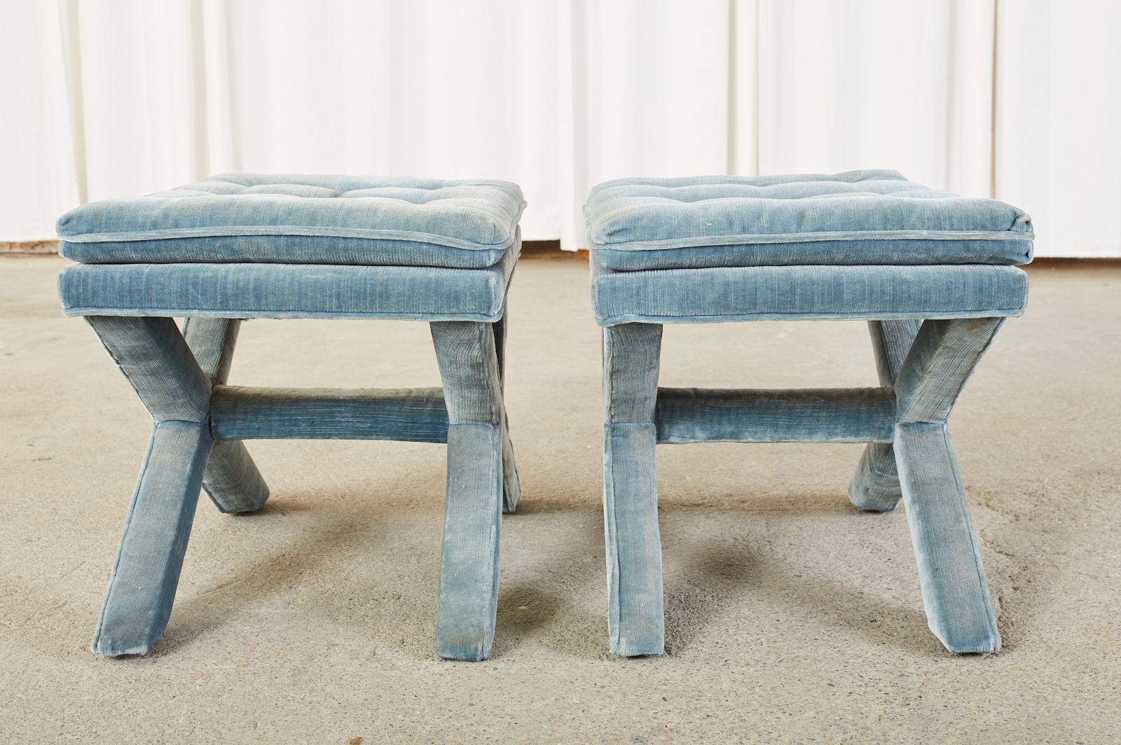 Pair of Billy Baldwin Style X Base Tufted Blue Velvet Benches 6