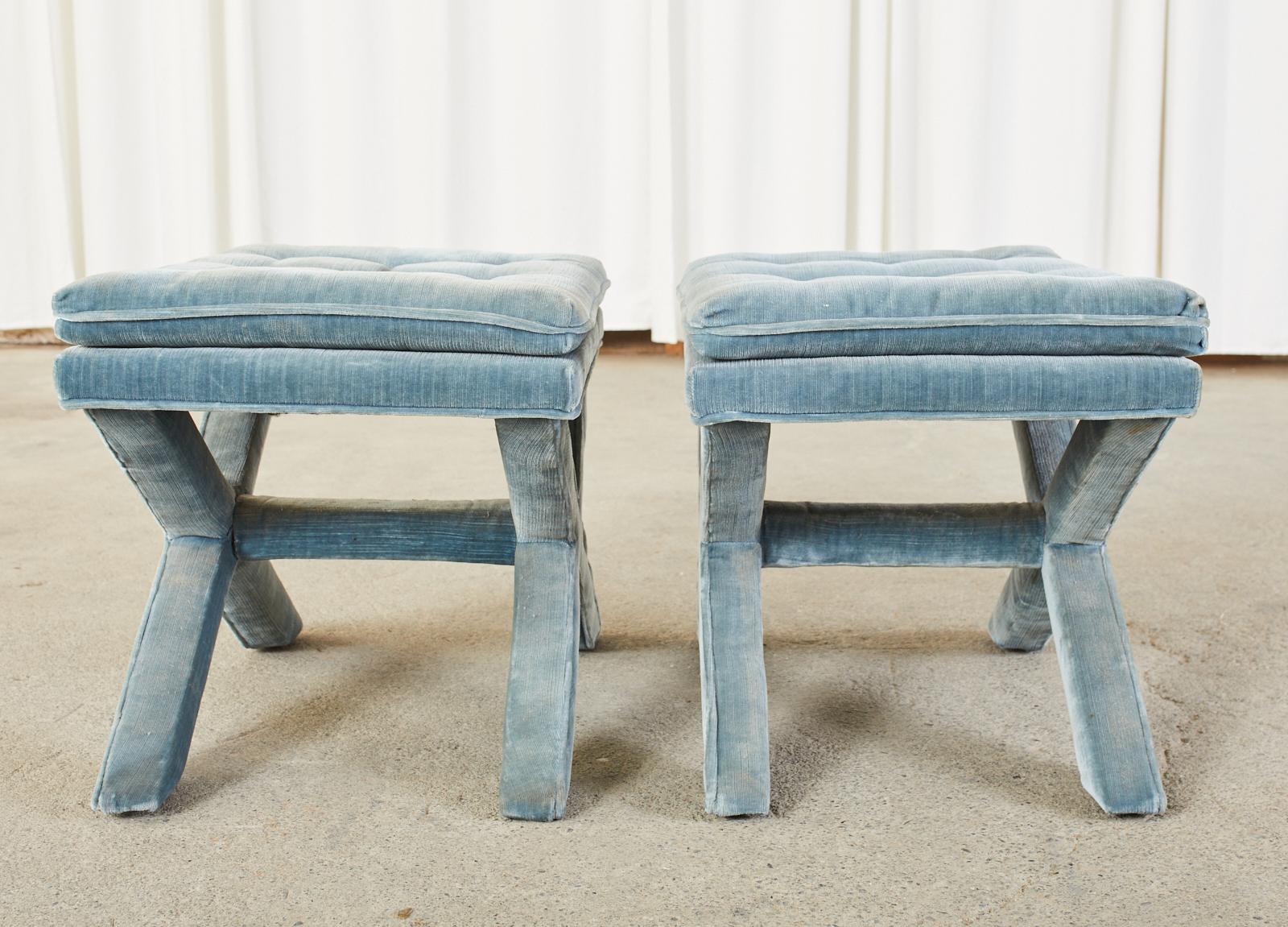 Pair of Billy Baldwin Style X Base Tufted Blue Velvet Benches 7