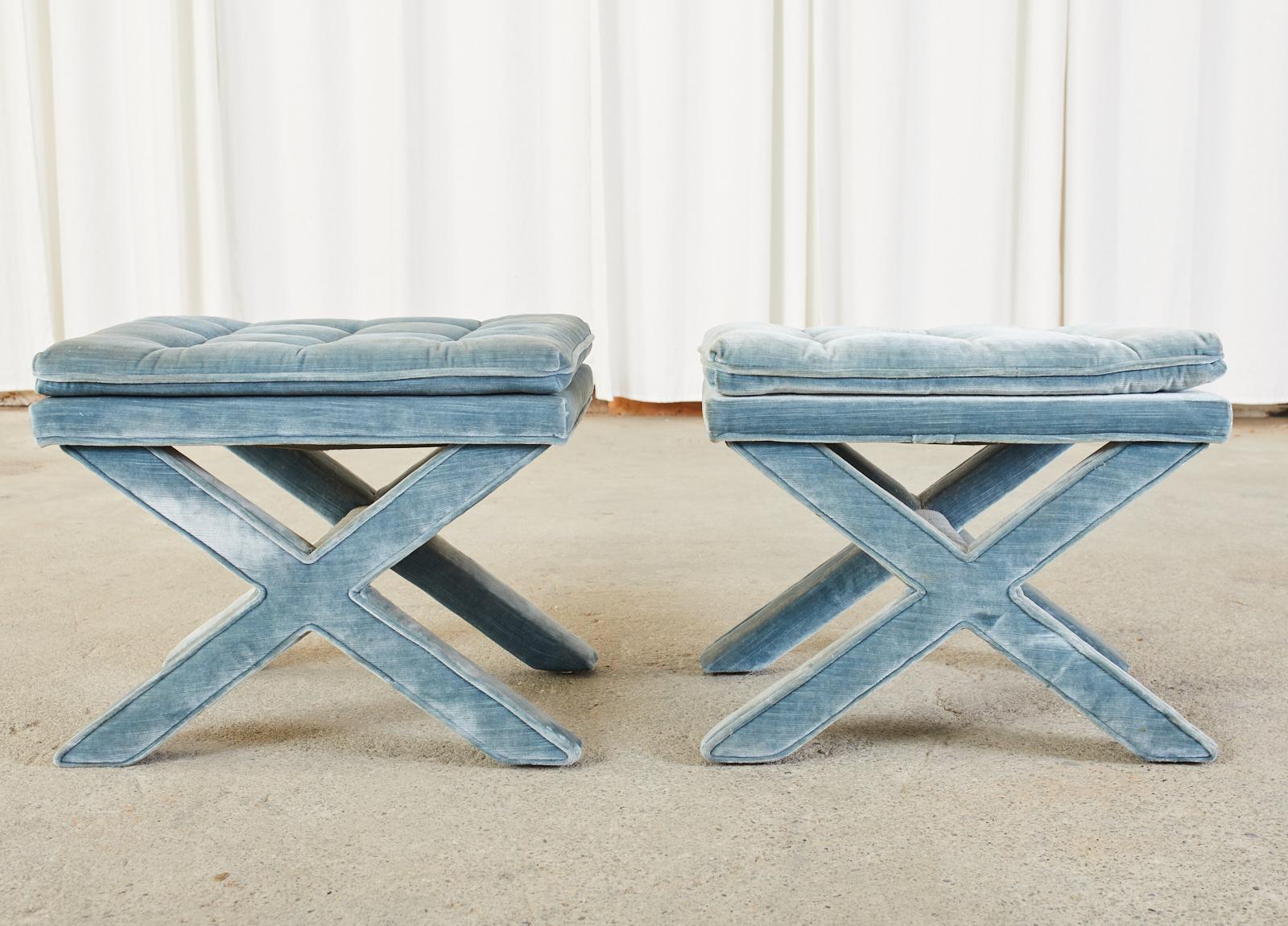 Pair of Billy Baldwin Style X Base Tufted Blue Velvet Benches 8