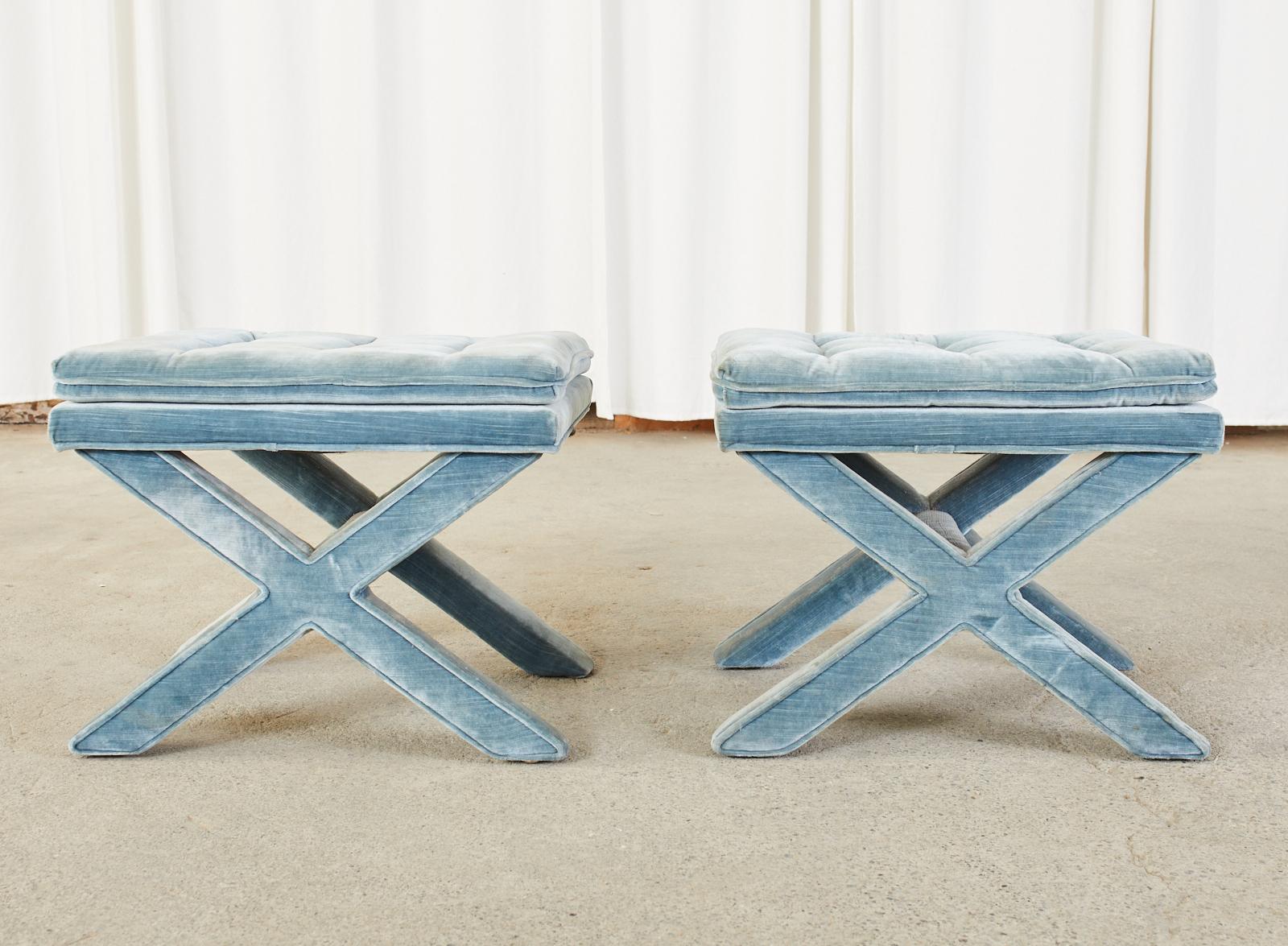 Pair of Billy Baldwin Style X Base Tufted Blue Velvet Benches 10