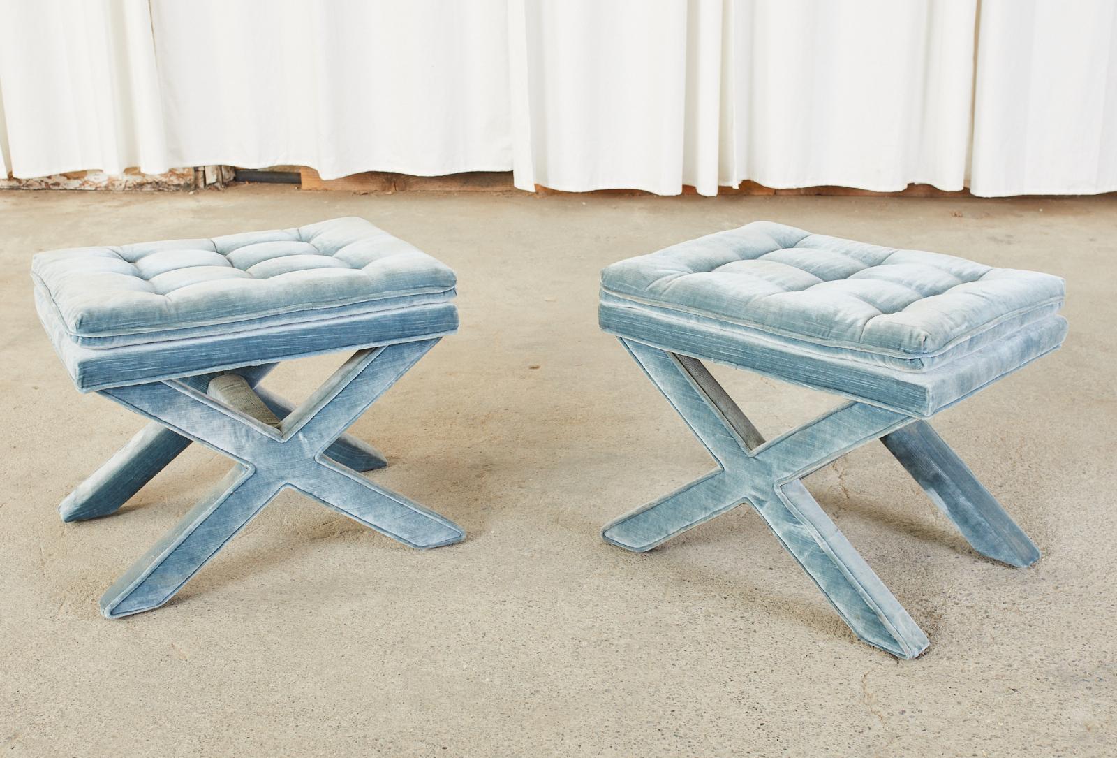 American Pair of Billy Baldwin Style X Base Tufted Blue Velvet Benches