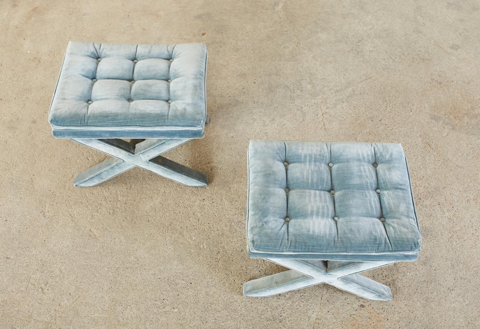 20th Century Pair of Billy Baldwin Style X Base Tufted Blue Velvet Benches
