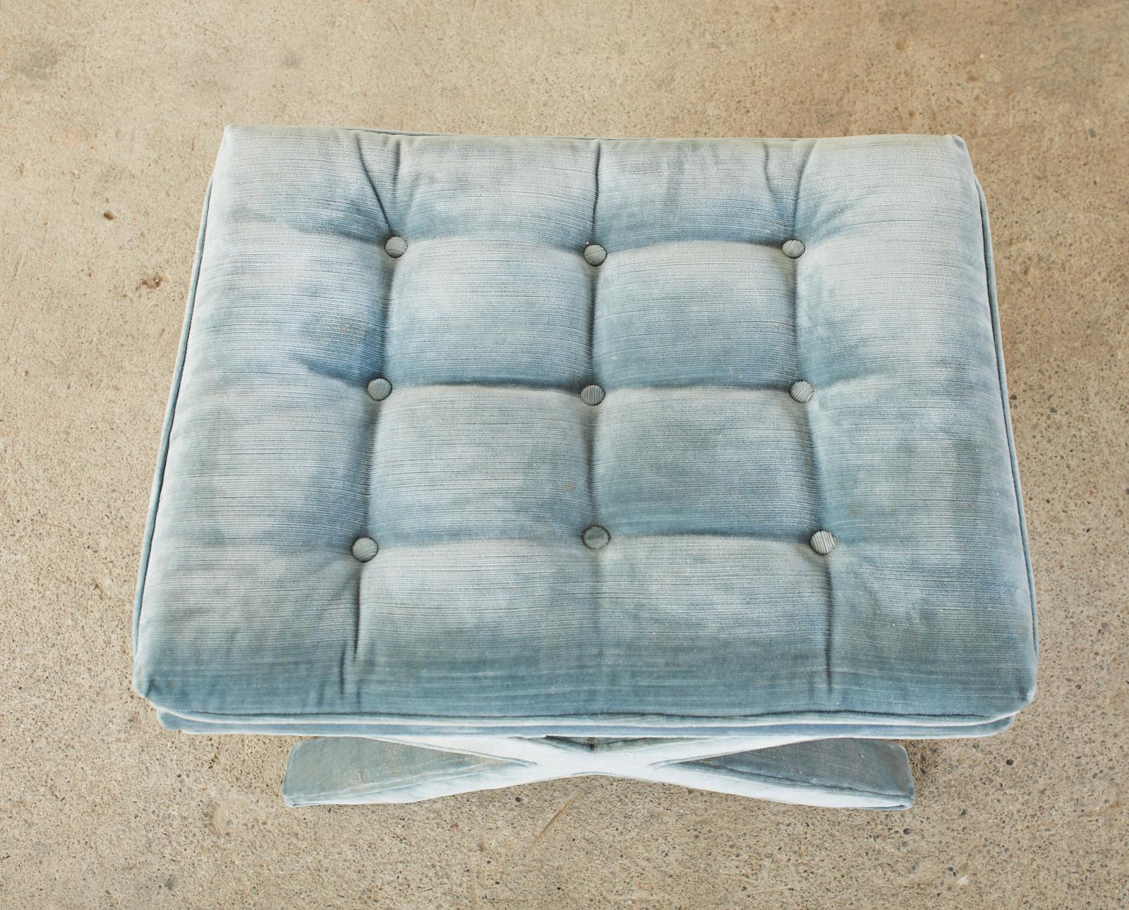 Pair of Billy Baldwin Style X Base Tufted Blue Velvet Benches 1