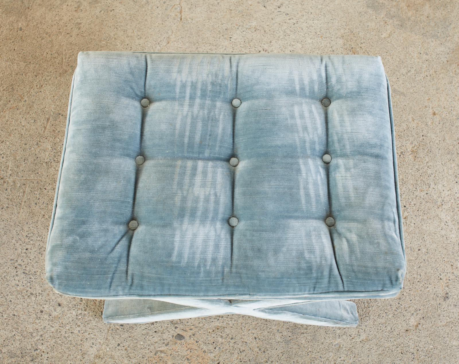 Pair of Billy Baldwin Style X Base Tufted Blue Velvet Benches 2