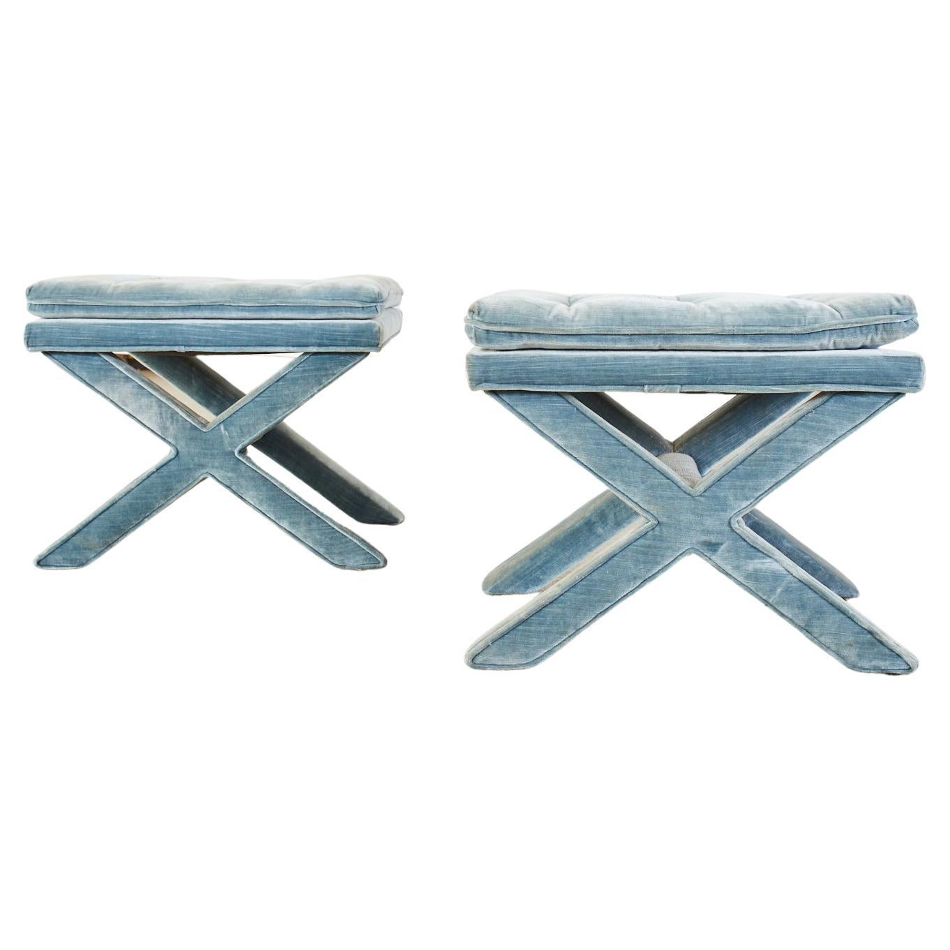 Pair of Billy Baldwin Style X Base Tufted Blue Velvet Benches