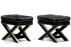 Pair of Billy Baldwin Style X Stools in Black Cowhide & Ivory Leather c. 1970s