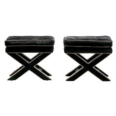 Pair of Billy Baldwin Style X Stools in Black Cowhide & Ivory Leather c. 1970s