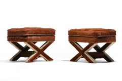 Pair of Billy Baldwin Style X Stools in Cinnamon Cowhides & Ivory Leather c.1970