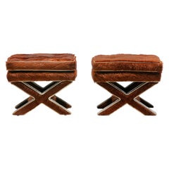 Pair of Billy Baldwin Style X Stools in Cinnamon Cowhides & Ivory Leather c.1970