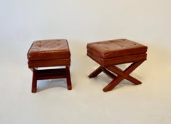 Pair of Billy Baldwin X Base Decorator Ottoman Benches in Russet Leather
