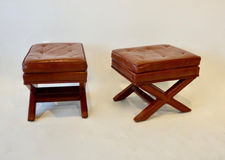 Mid-Century Modern Pair of Billy Baldwin X Base Decorator Ottoman Benches in Russet Leather For Sale