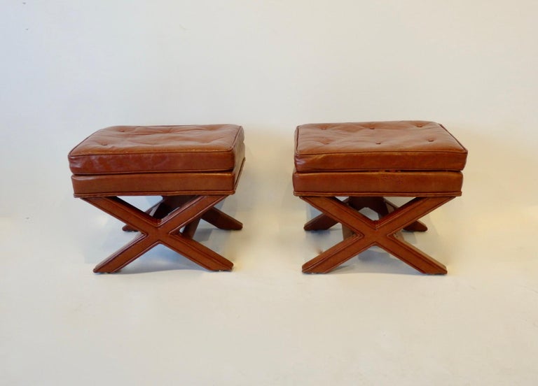American Pair of Billy Baldwin X Base Decorator Ottoman Benches in Russet Leather For Sale