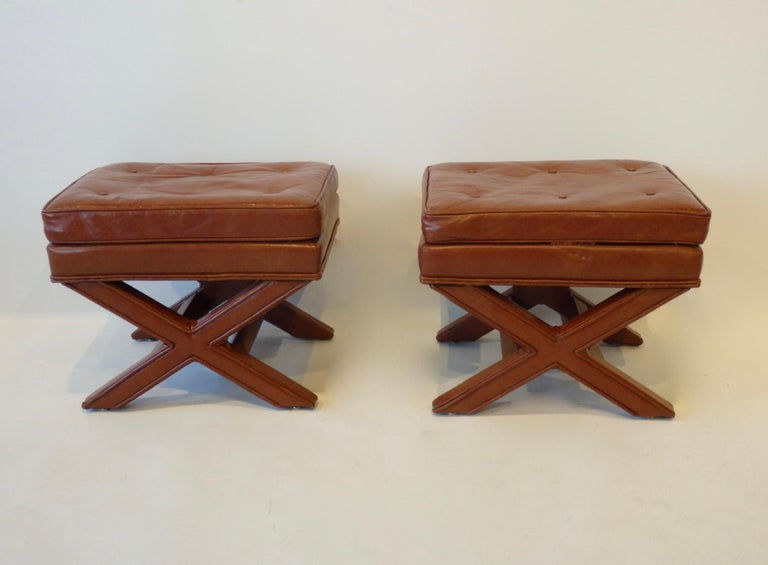 Hand-Crafted Pair of Billy Baldwin X Base Decorator Ottoman Benches in Russet Leather For Sale