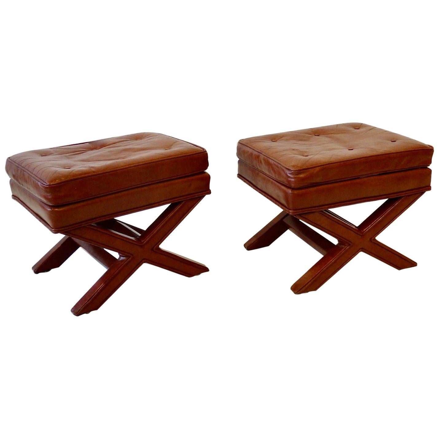 Pair of Billy Baldwin X Base Decorator Ottoman Benches in Russet Leather