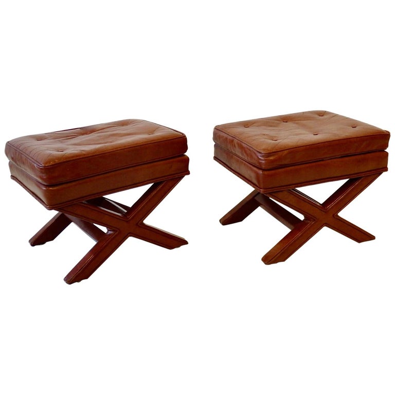 Pair of Billy Baldwin X Base Decorator Ottoman Benches in Russet Leather For Sale