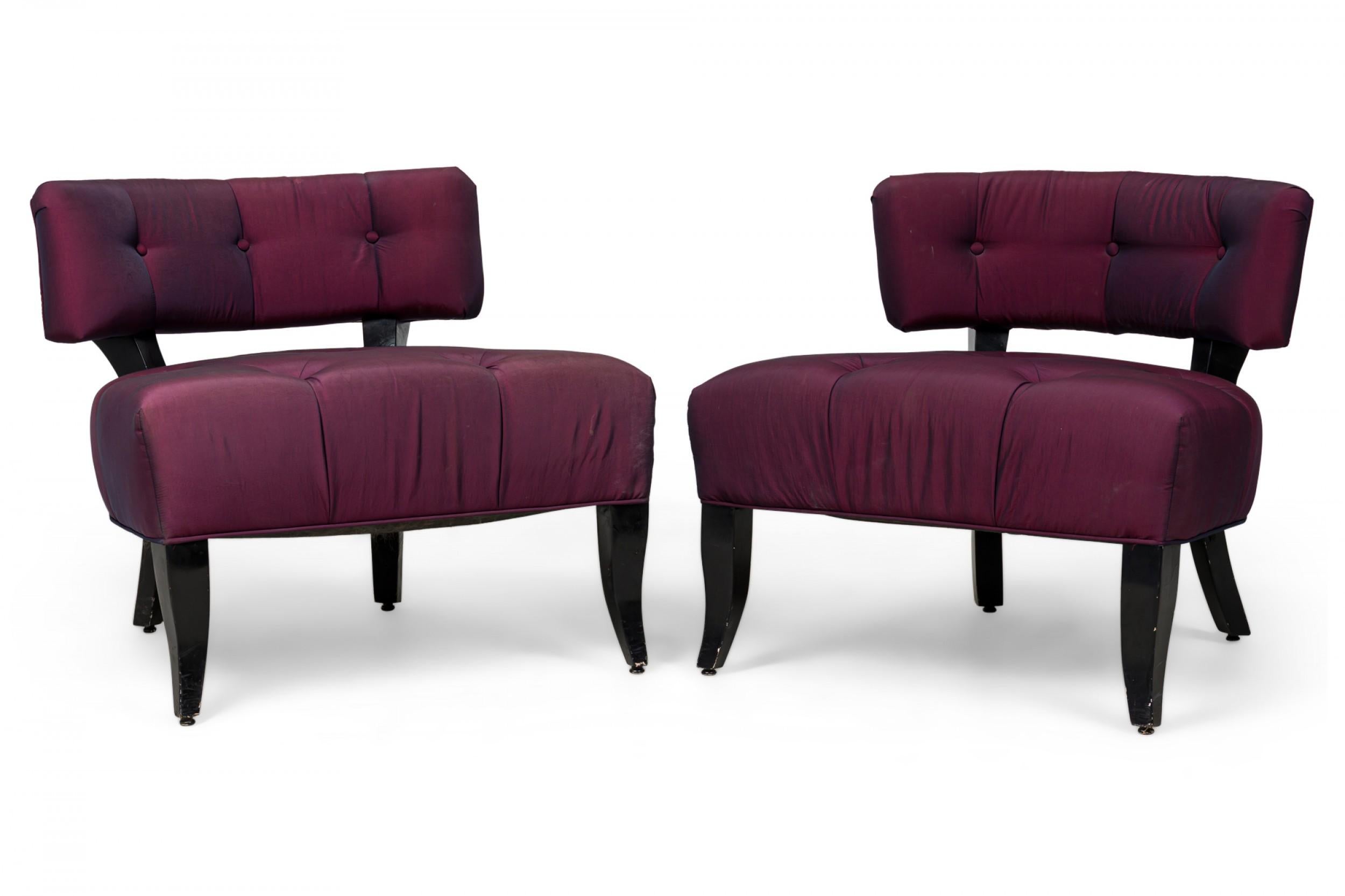 PAIR of midcentury American (1950s) black lacquered slipper chairs and single matching ottoman featuring button tufted, upholstered curved backs and seats in deep purple, standing on 4 curved splayed legs. (BILLY HAINES) (PRICED AS SET).