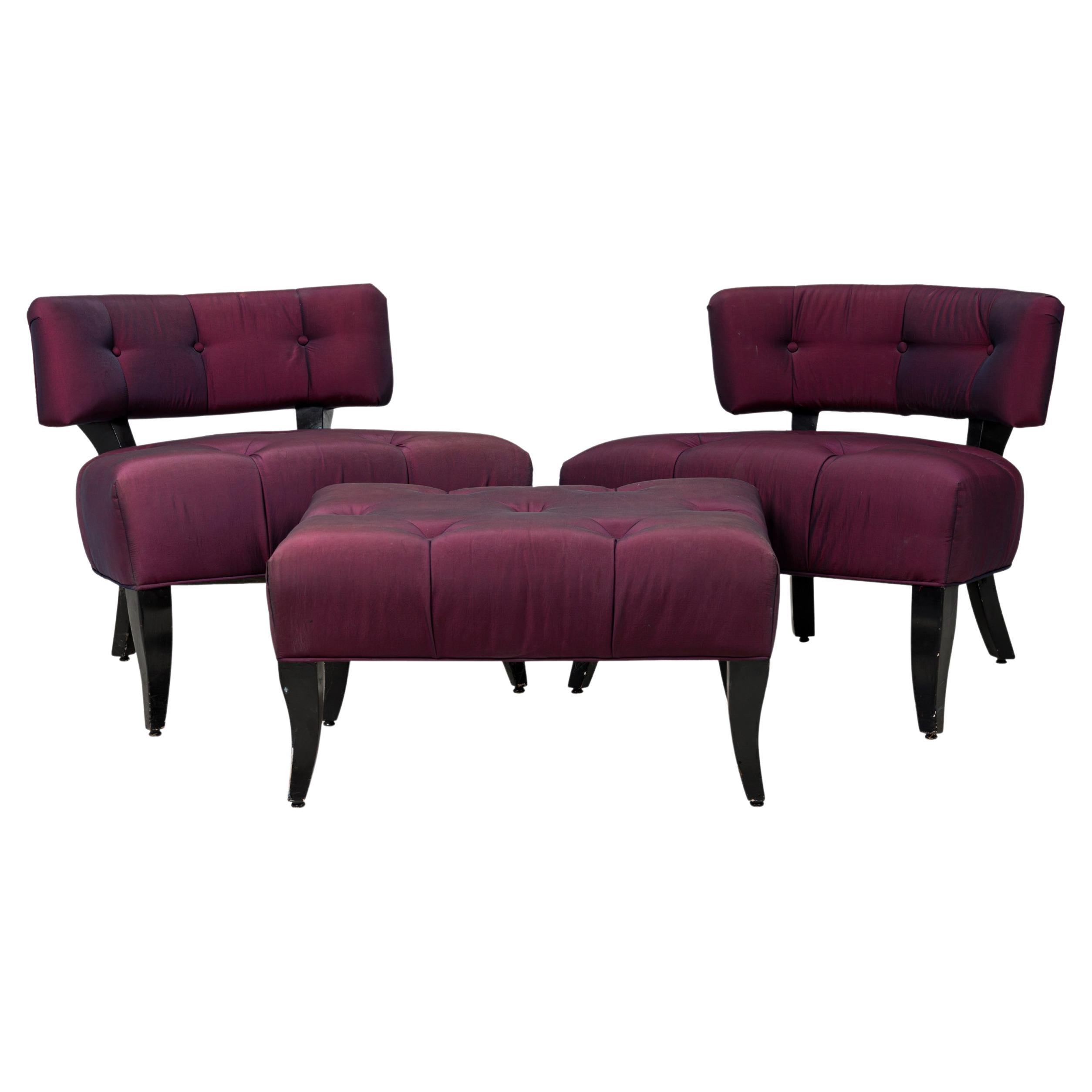 Pair of Billy Haines American Purple Upholstered Slipper Chairs & Ottoman