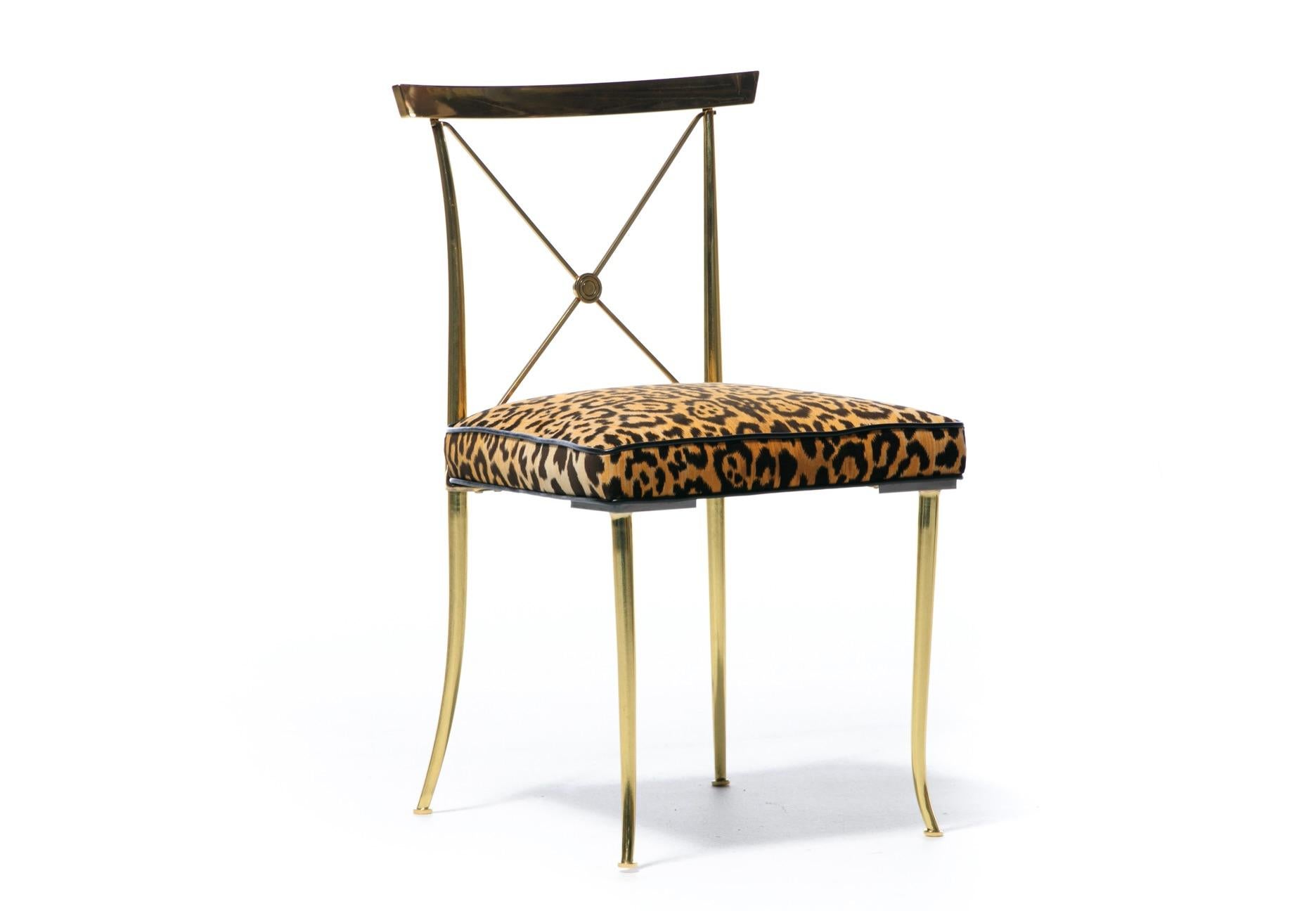 Hollywood Regency  Brass Neoclassical Side Chairs in Leopard Velvet & Leather For Sale 8