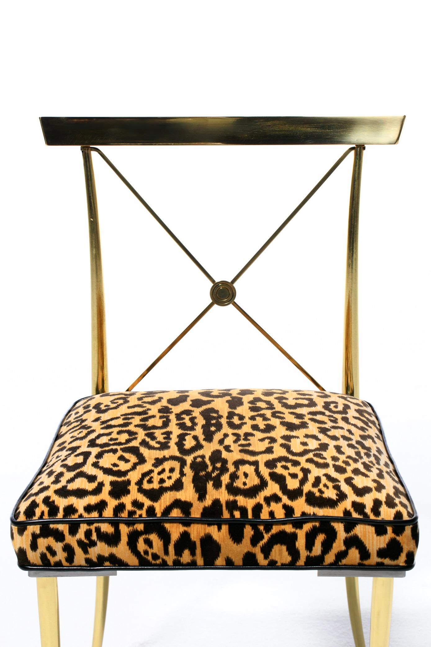 Hollywood Regency  Brass Neoclassical Side Chairs in Leopard Velvet & Leather For Sale 9