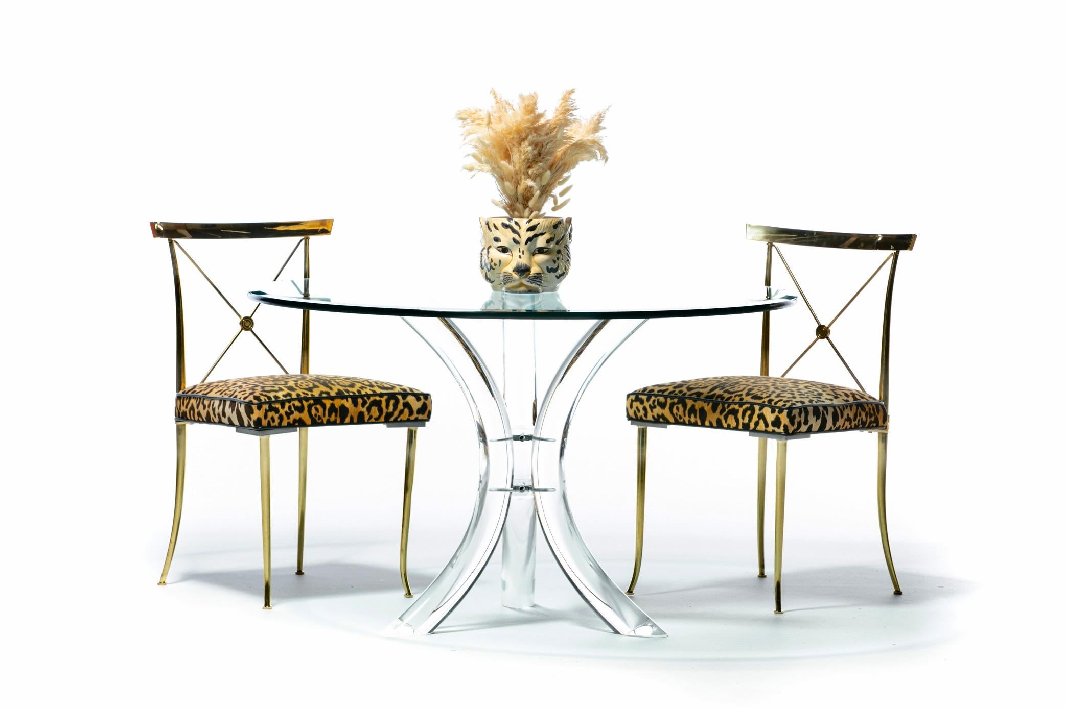 American Hollywood Regency  Brass Neoclassical Side Chairs in Leopard Velvet & Leather For Sale