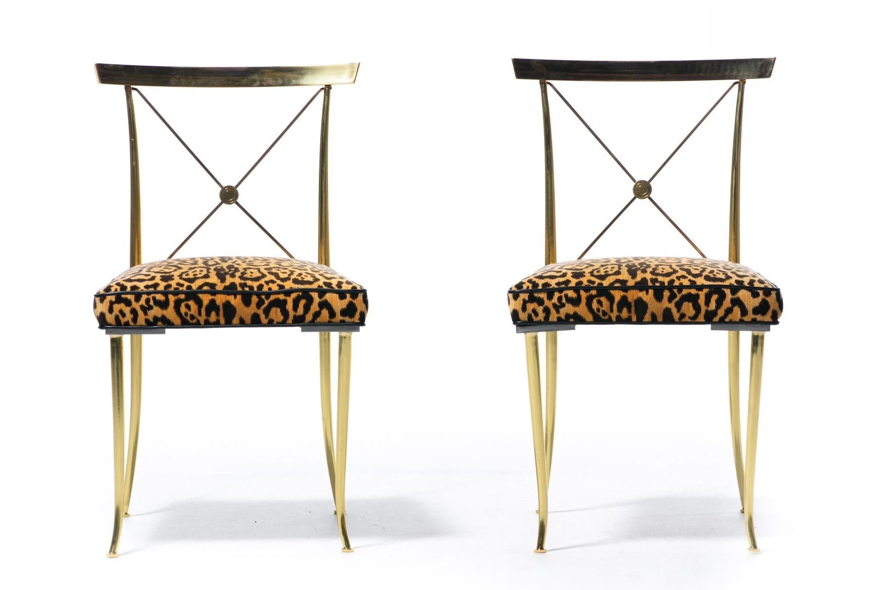 20th Century Hollywood Regency  Brass Neoclassical Side Chairs in Leopard Velvet & Leather For Sale