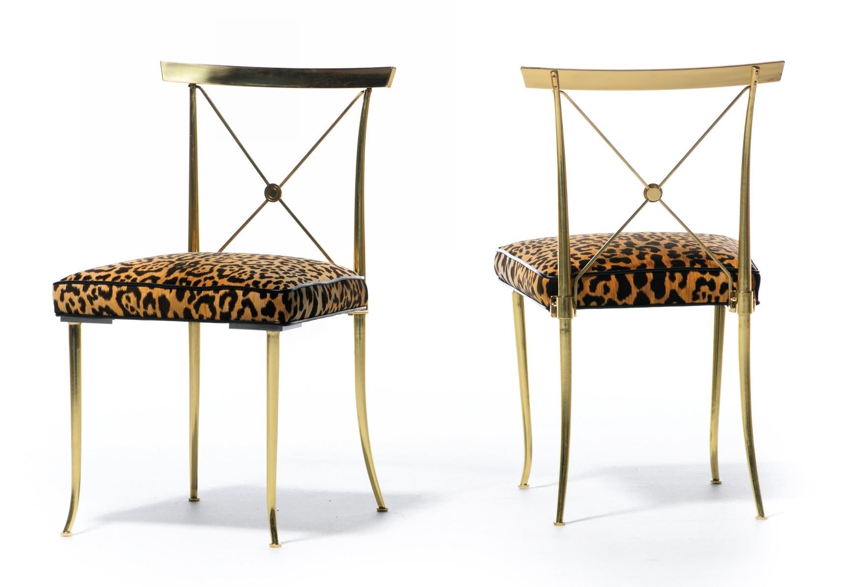 Hollywood Regency  Brass Neoclassical Side Chairs in Leopard Velvet & Leather For Sale 1