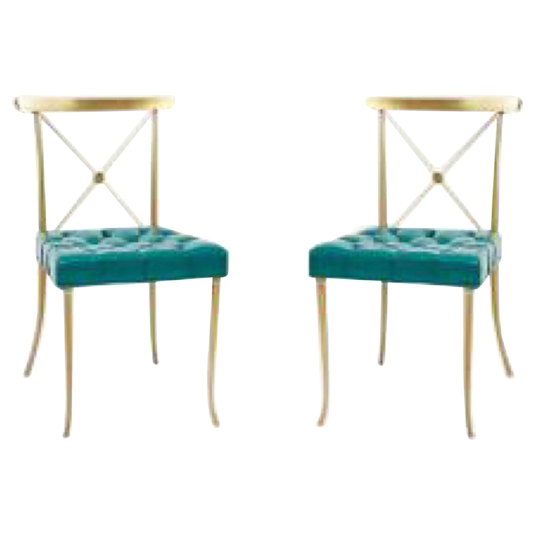 Pair of Billy Haines Brass Neoclassical Side Chairs 'Original Turquoise Leather'